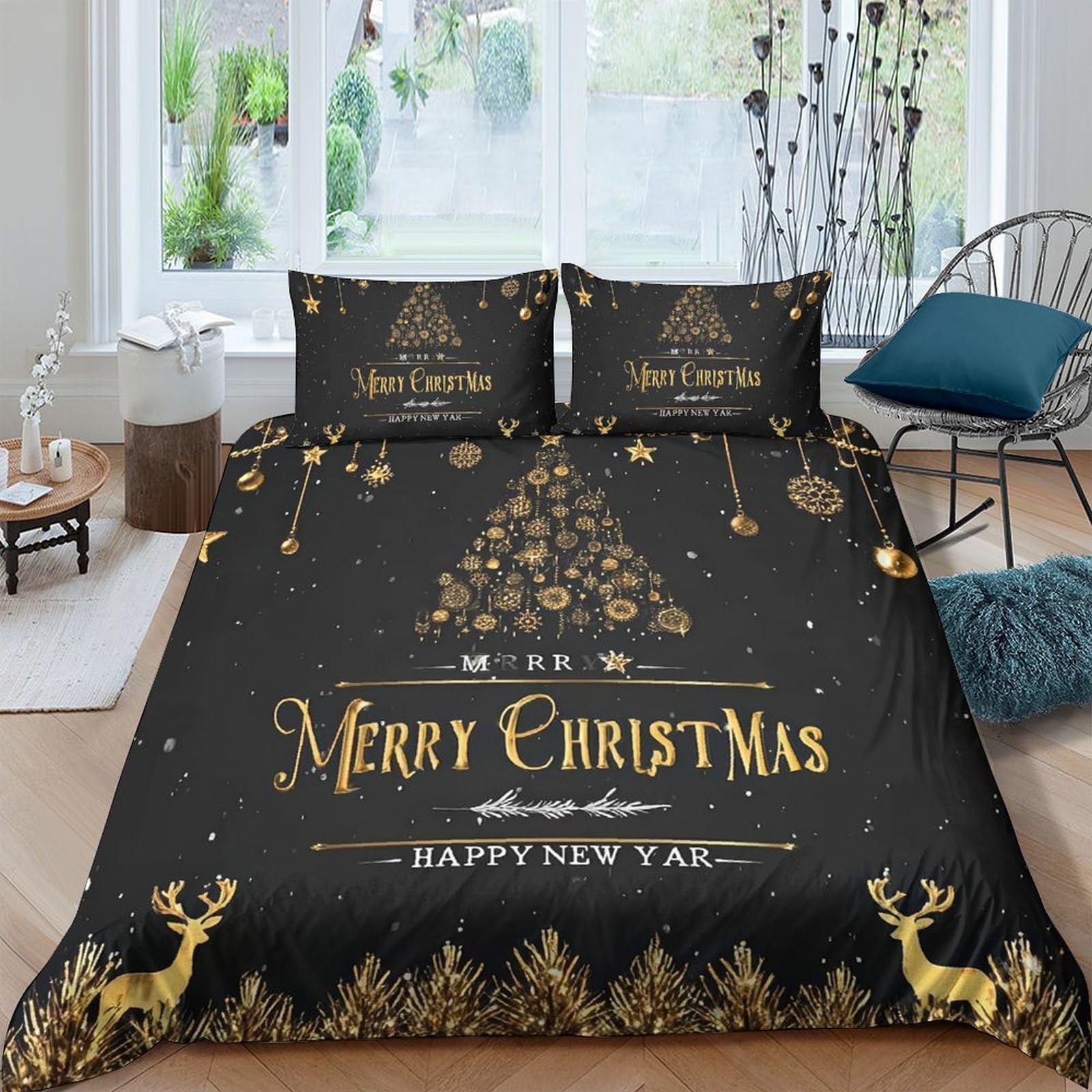 Ctjqhvkz Style-1 3D Printed Black Gold Christmas Tree Fitted Sheet Microfiber Elegant Reindeer Bed Cover For Bedroom Guestroom Holiday Decor Single（135X200cm）
