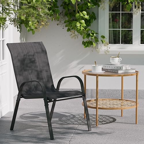 Miniatura 6 de Juego de 2 sillas de comedor para patio, sillas apilables para exteriores, asiento transpirable y marco de acero de aleación para patio, jardín,