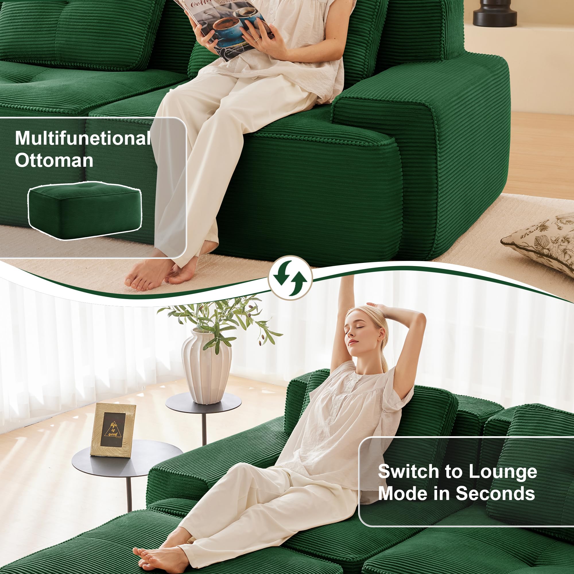 Divano Modulare Boneless per Soggiorno, Divano 4 Posti in Velluto a Coste con 2 pouf, antiscivolo divano a U Nuvola con Braccioli larghi, Senza Montaggio(Verde)