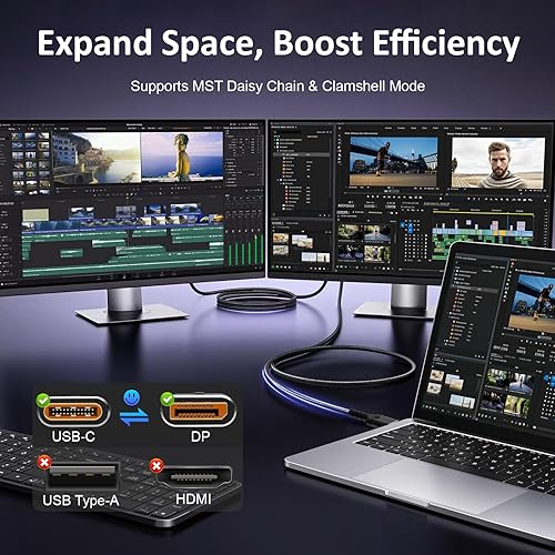 Miniatura 7 de Herfair Displayport a USB C bidireccional USB C a DisplayPort 2.1 Cable compatible con resolución 16K @60Hz 8K @120Hz Thunderbolt 5 trenzado