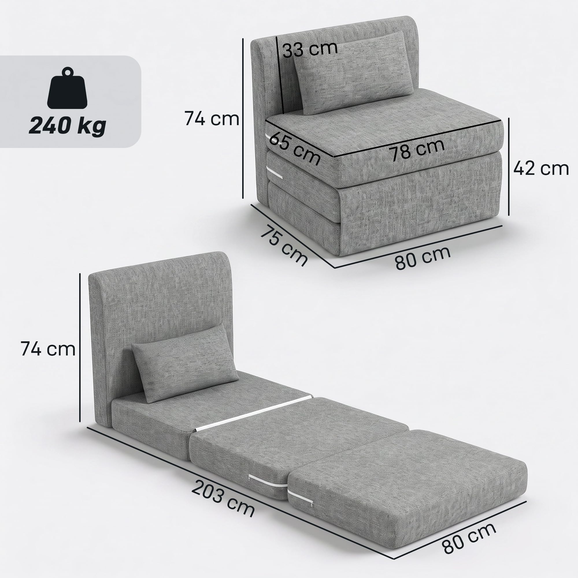 HOMCOM 2 in 1 Schlafsessel Klappbar mit Bettfunktion 80x75x74cm Grau