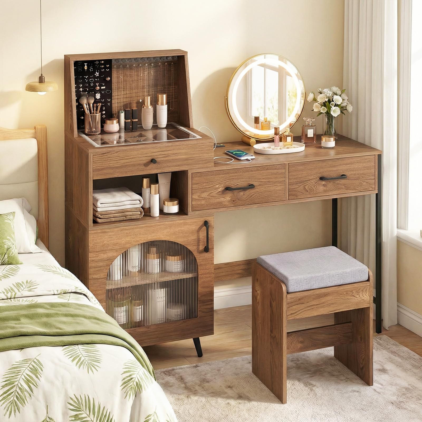 COSTWAY Dressing Table with 3-Color LED Lights Swivel Mirror and Stool, Makeup Table Vanity Desk with Charging Station, Glass Top, 3 Drawers, 120 Ring Slots, 10 Necklace Hooks & Side Cabinet (Natural)