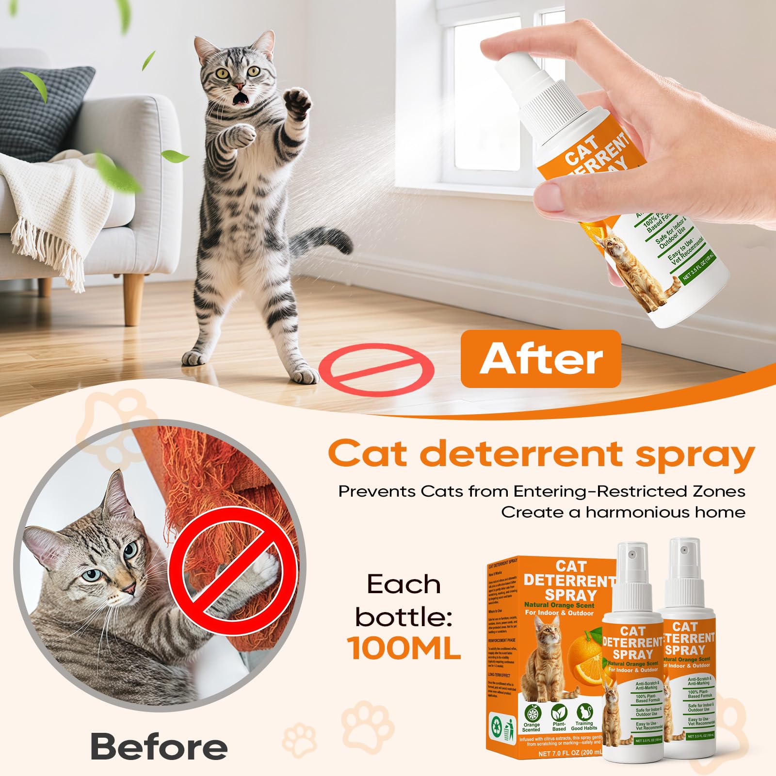 Cat Deterrent Spray 2 Pack, Natural Non-Toxic Plant Based Anti-Scratch & Anti-Marking Spray for Cats & Kittens, Orange Scent Pet Training Aid, Safe for Pets, Indoor Outdoor Furniture, Protector — view 5