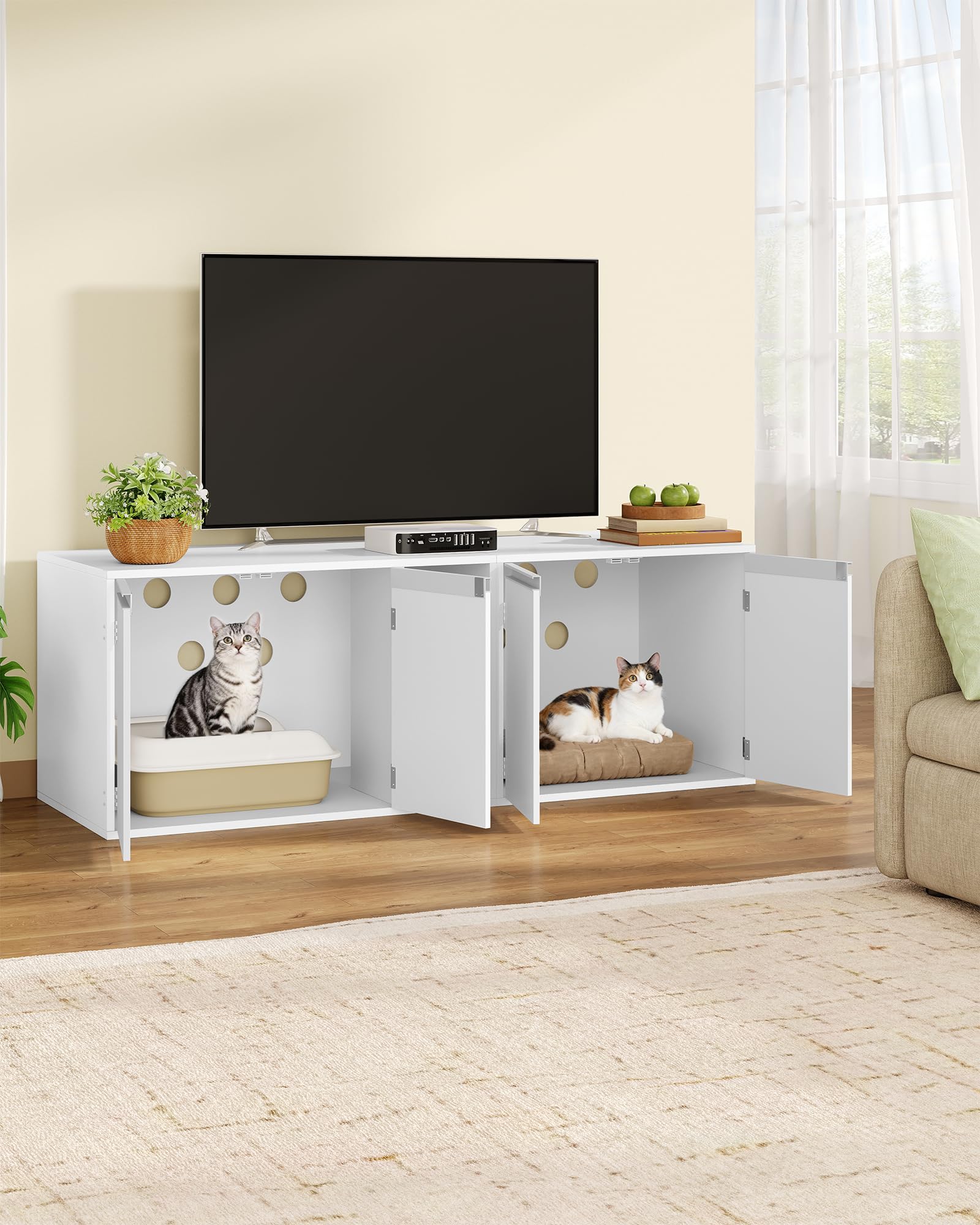 Hzuaneri Meuble Litiere pour 2 Chats, Maison de Toilette Chat, Maison Cachée pour Chat avec Chambres Doubles, 140 x 48 x 48 CM, pour Cacher la Plupart des Bacs à Litière pour Chats, Blanc CB65603X