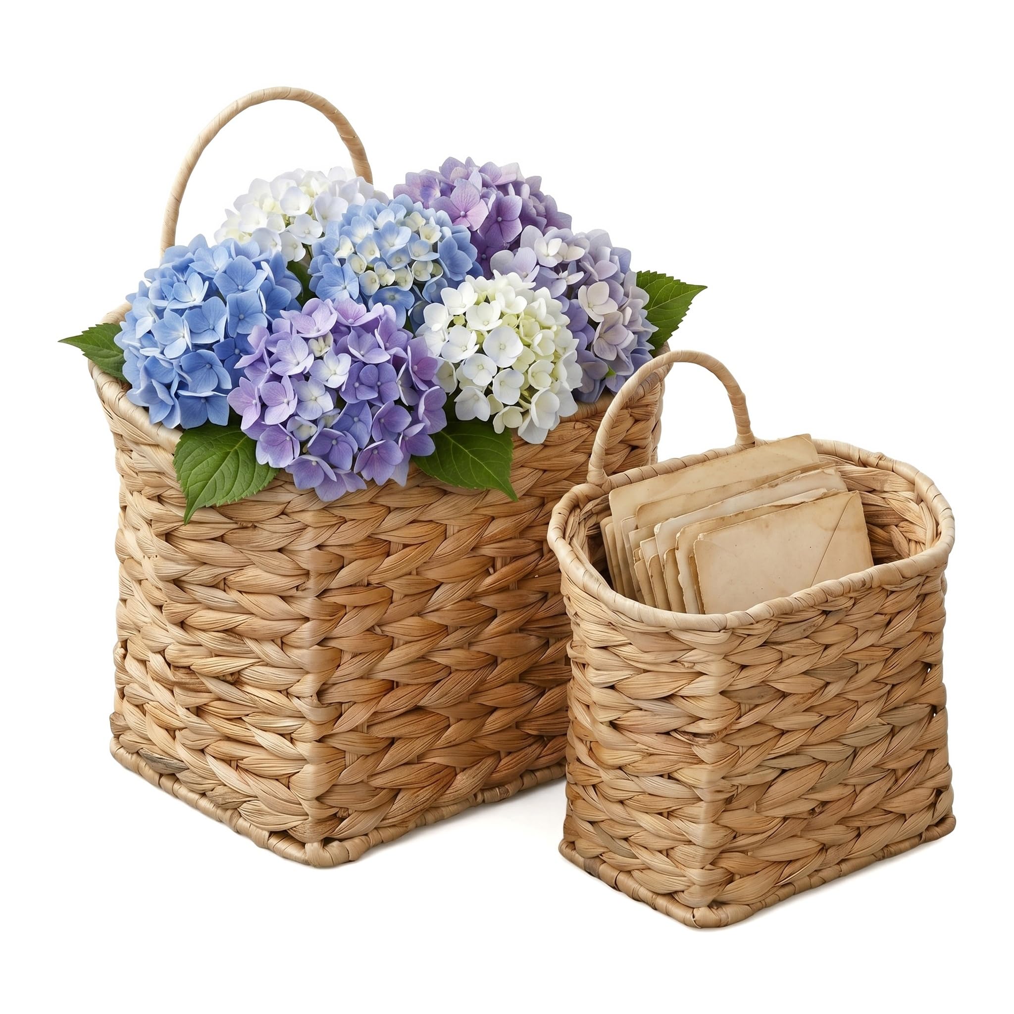 FRONDENT Wall Basket 2 PCS, Hanging Flower Baskets for Front Door, Wall, Wedding Décor, Handmade Water Hyacinth Woven Baskets