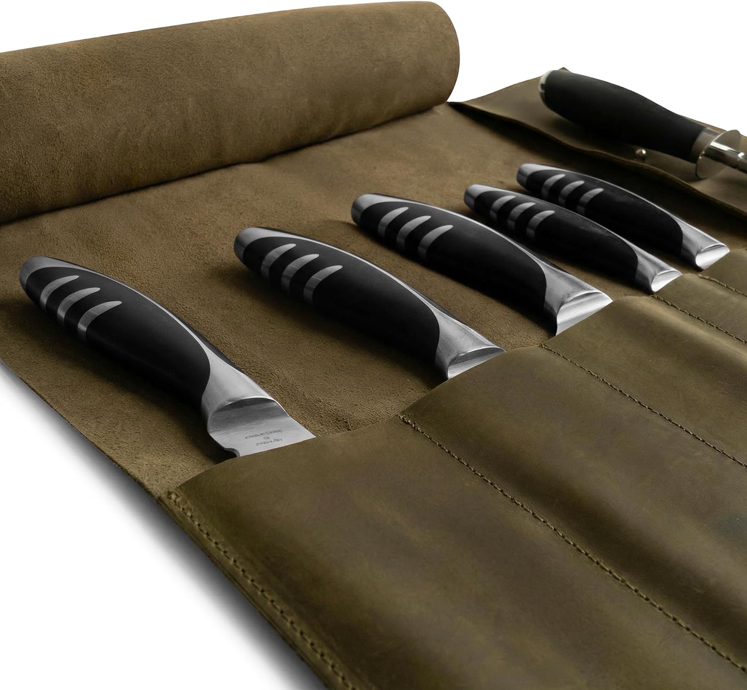 Hide & Drink, Rustic Knife Roll Case (5 Pockets), Compact Carry-On Bag for Traveling Chefs & Cooks, Kitchen Tool Storage Organizer, Full Grain Leather, Handmade, Dark Jade