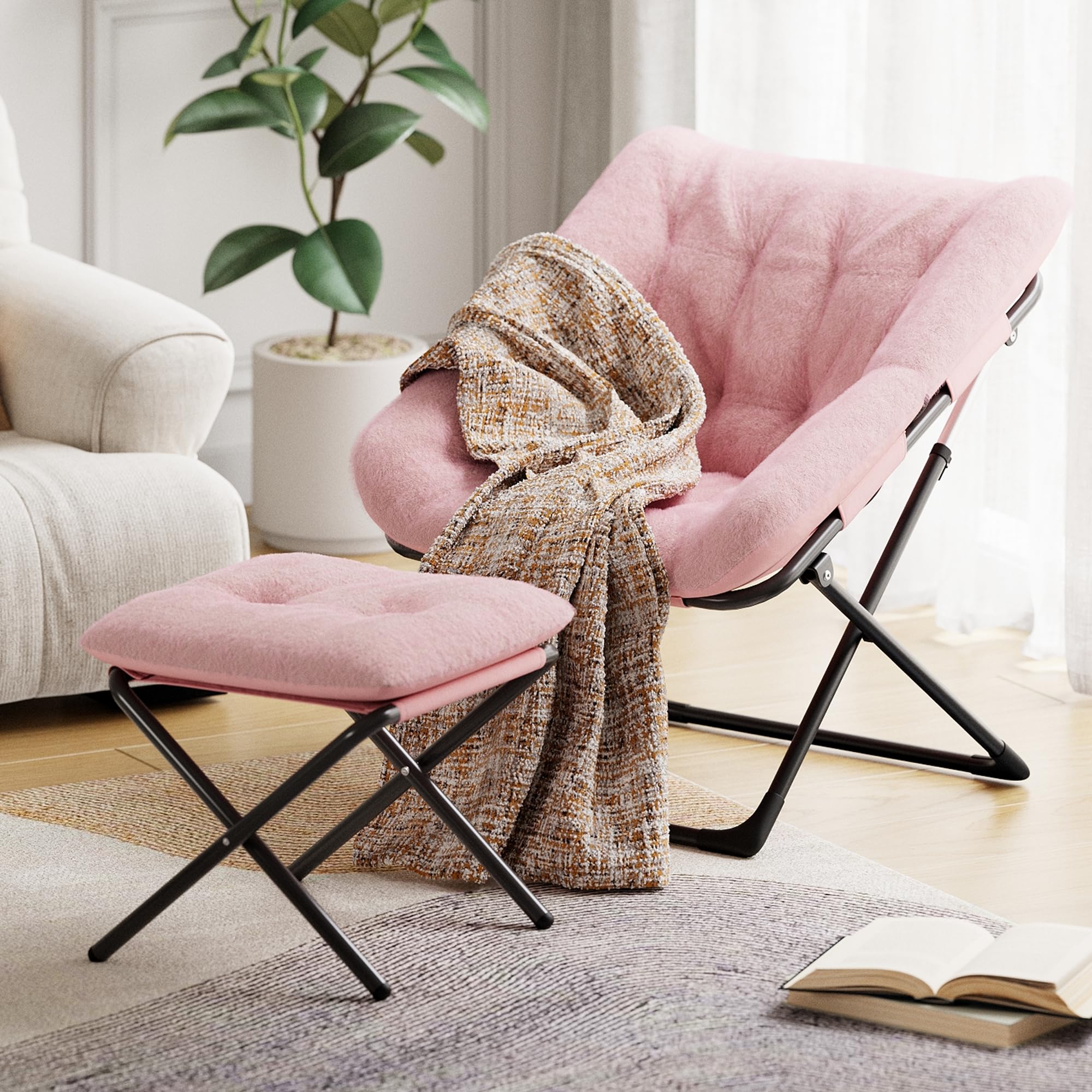 WEJIUAFB Klappsessel Mit Hocker, Klappbarer Sessel Mit Kuscheligem Kunsthasenfell, Großzügige Lounge-Sitzschale Für Jugendliche & Erwachsene, Lesesessel Für Wohnzimmer Schlafzimmer Dorm, Rosa Küche, Haushalt & Wohnen