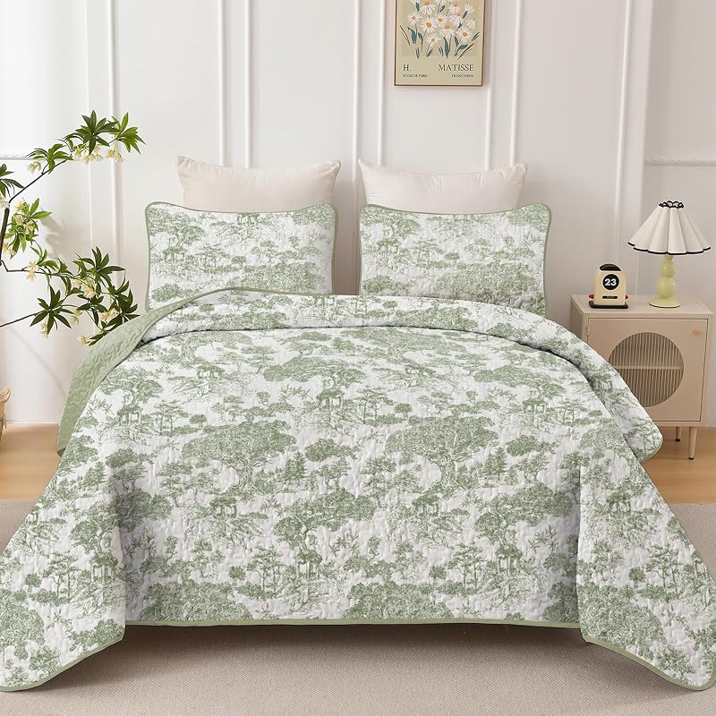 WONGS BEDDING Sage Green Quilt Set Queen Size, Botanical Floral Bedspread image 2