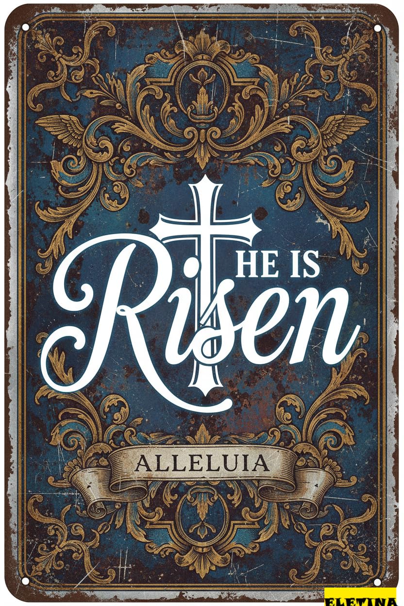 He Is Risen Easter Bible Themed Vintage Aluminum Metal Wall Decor Religious Christmas Scripture Plaque 8x12in