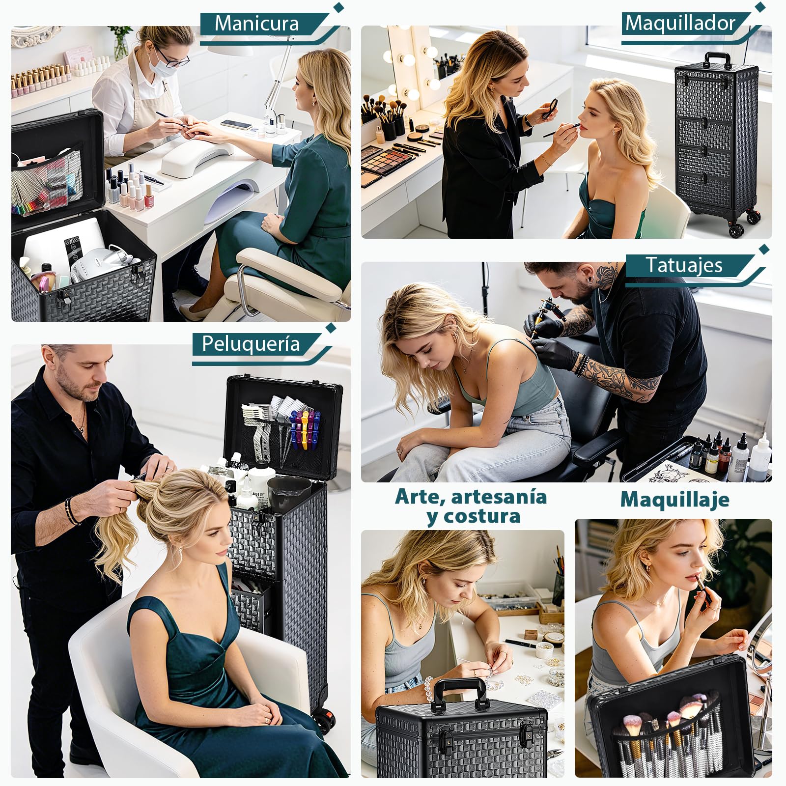 Maletín de Maquillaje con Ruedas, Maleta Profesional para Manicura y Peluquería con 3 Cajones y Sistema de Verrouillage, Negro