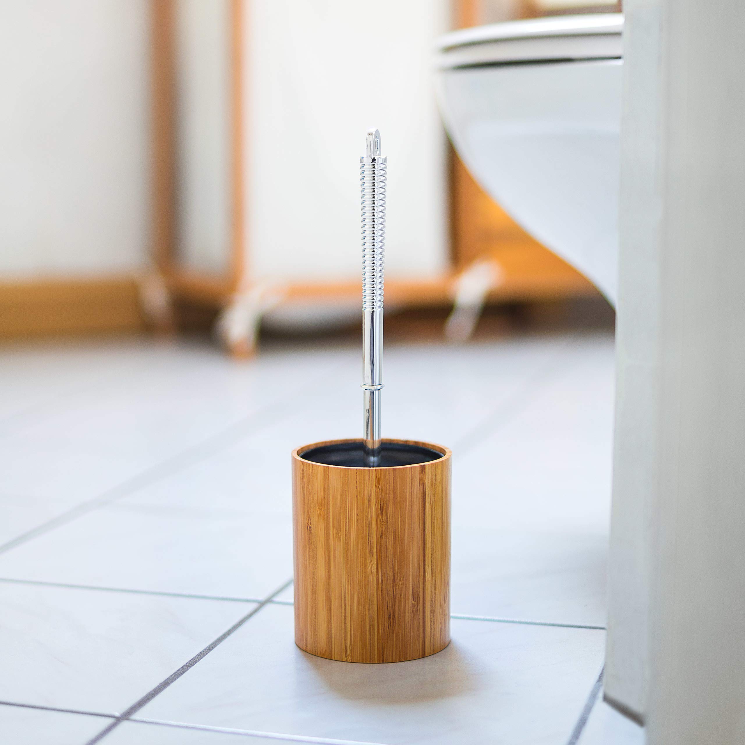 Relaxdays Toilet Brush Holder Toilet Bathroom Removable Container Stainless Steel Look Plastic Replaceable Head Decoration HxWxD: 33 x 10.5 x 10.5 cm, Natural