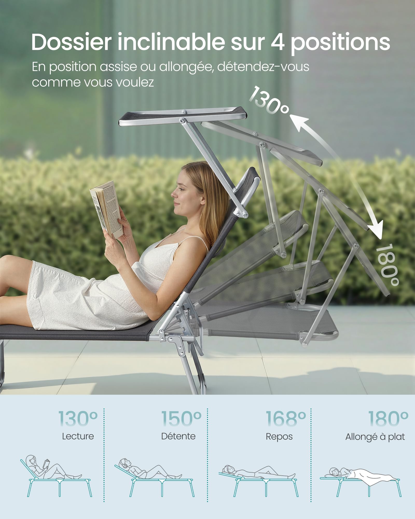 SONGMICS Chaise Longue Pliante, 189 x 53 x 28,5 cm, Transat Jardin Extérieur, Supporte 110 kg, Pare-Soleil et Dossier Réglables, pour Terrasse, Balcon, Noir GCB194BZ02