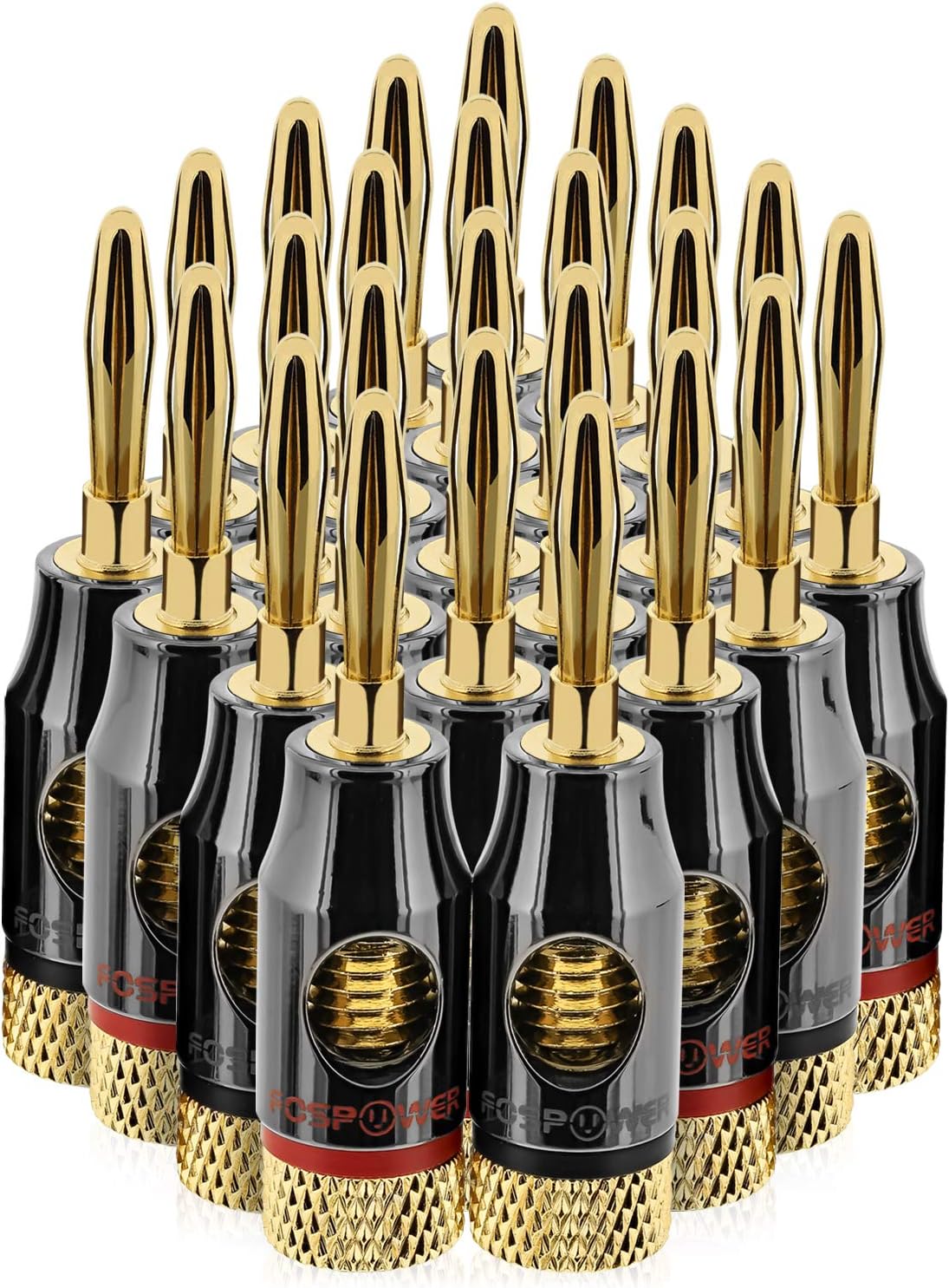FosPower Banana Plugs 12 Pairs / 24 pcs, Open Screw 24K Gold Plated Banana Speaker Plug Connectors for Speaker Wire, Wall Plate, Home Theater, Audio/Video Receiver, Amplifiers and Sound Systems