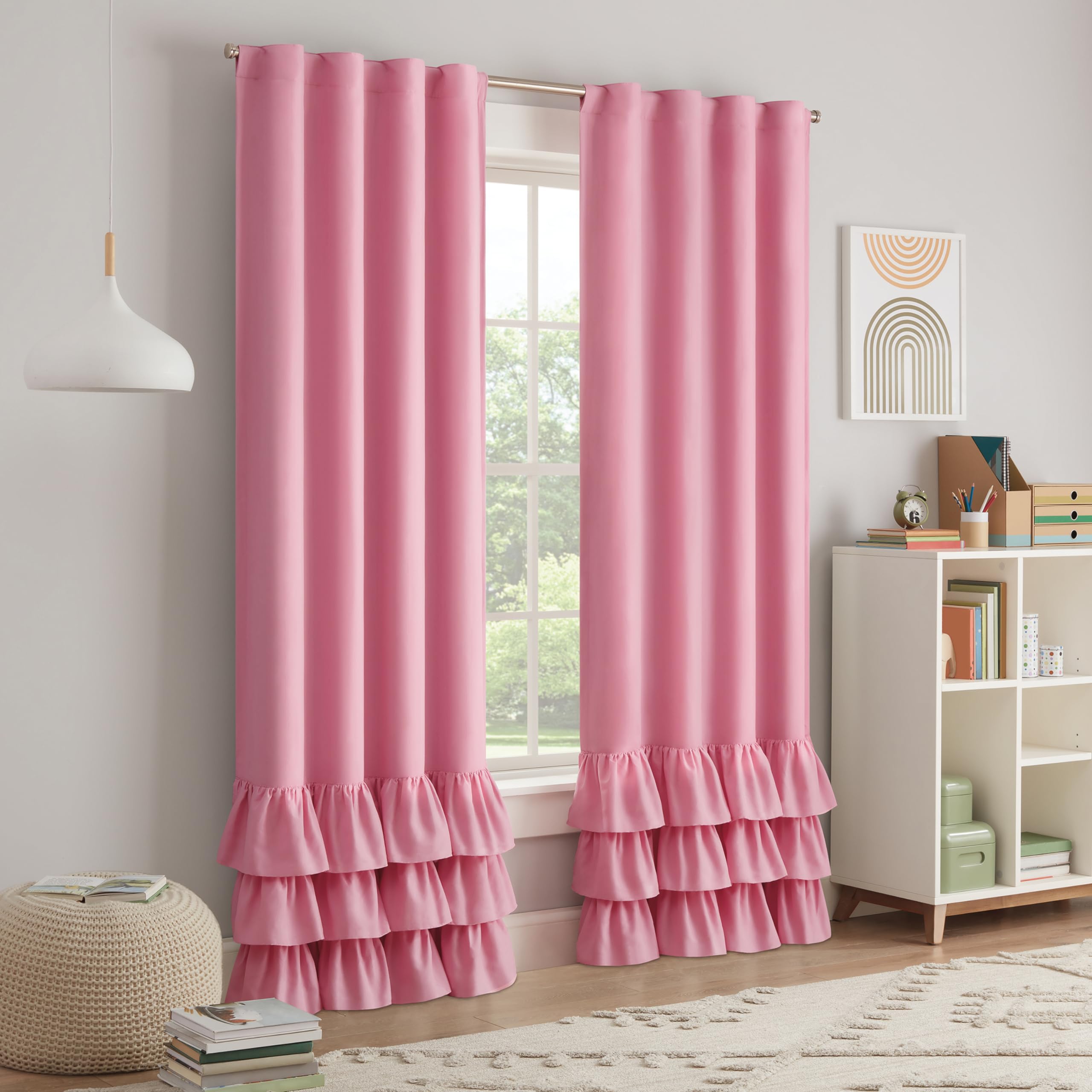Eclipse Blackout Curtains, Tiered Ruffle Kids Curtains, 84 in x 40 in, Thermaback 100% Blackout Curtains with Rod Pocket Header, Curtains for Kids Room or Playroom, 1 Window Curtain, Pink