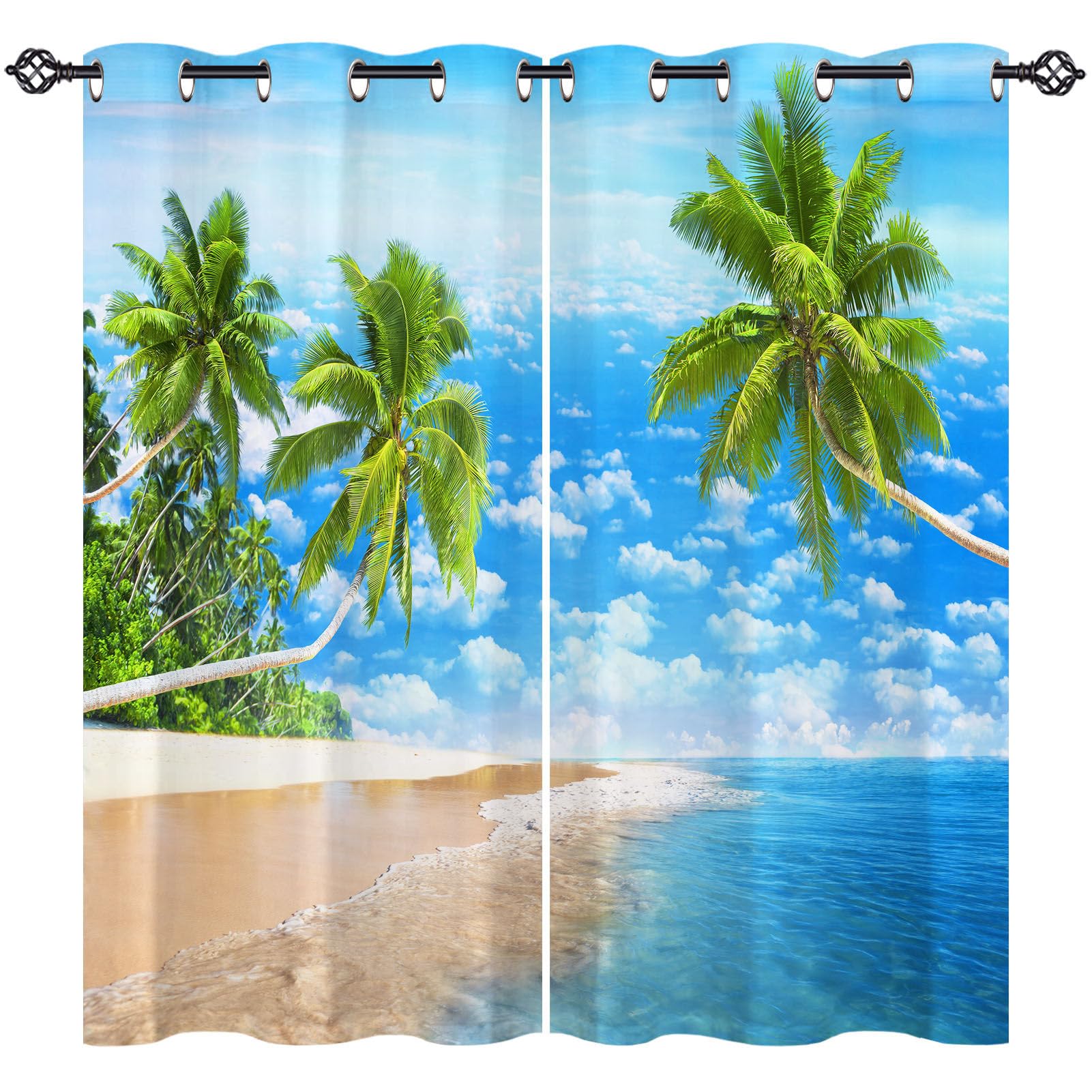 ANHOPE Custom Blackout Curtains Customized Size Eyelet or Rod Pocket Curtains Tropical Ocean Beach Palm Tree Print Pattern Personalized Thermal Insulated Drapes for Bedroom Living Room 2 Panels