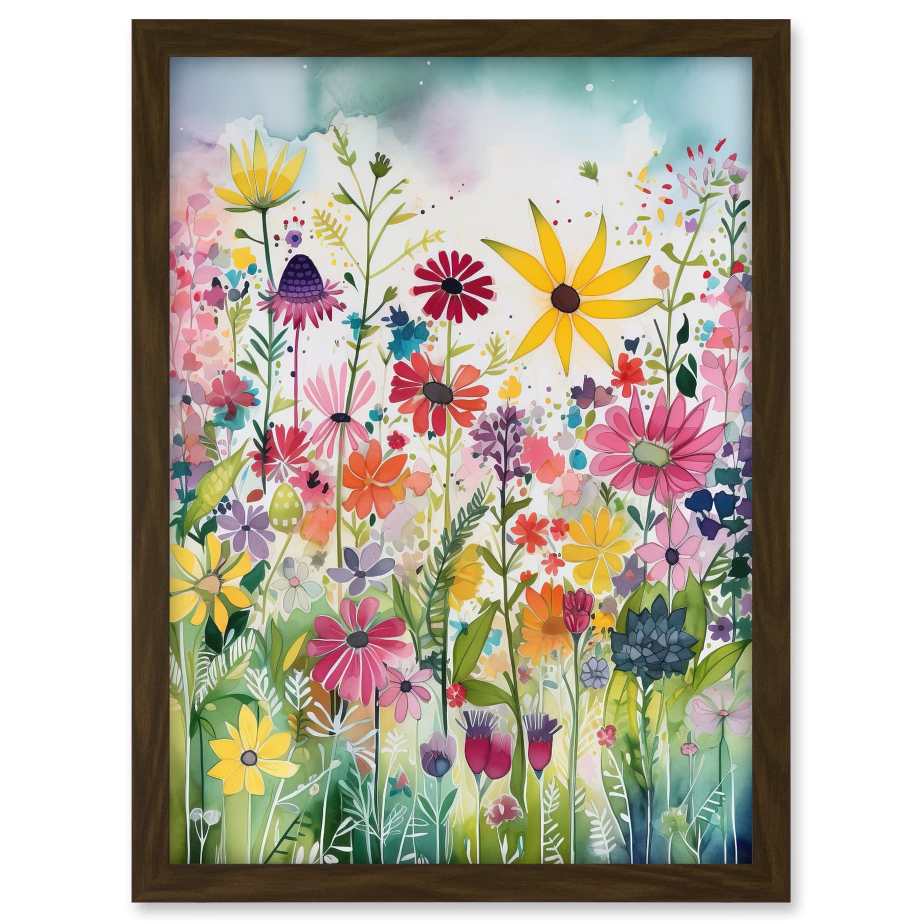 Artery8 Bright Wildflower Floral Blooms Folk Art Artwork Framed A3 Wall Art Print, Framed Brown A3, 45.5L x 33W cm