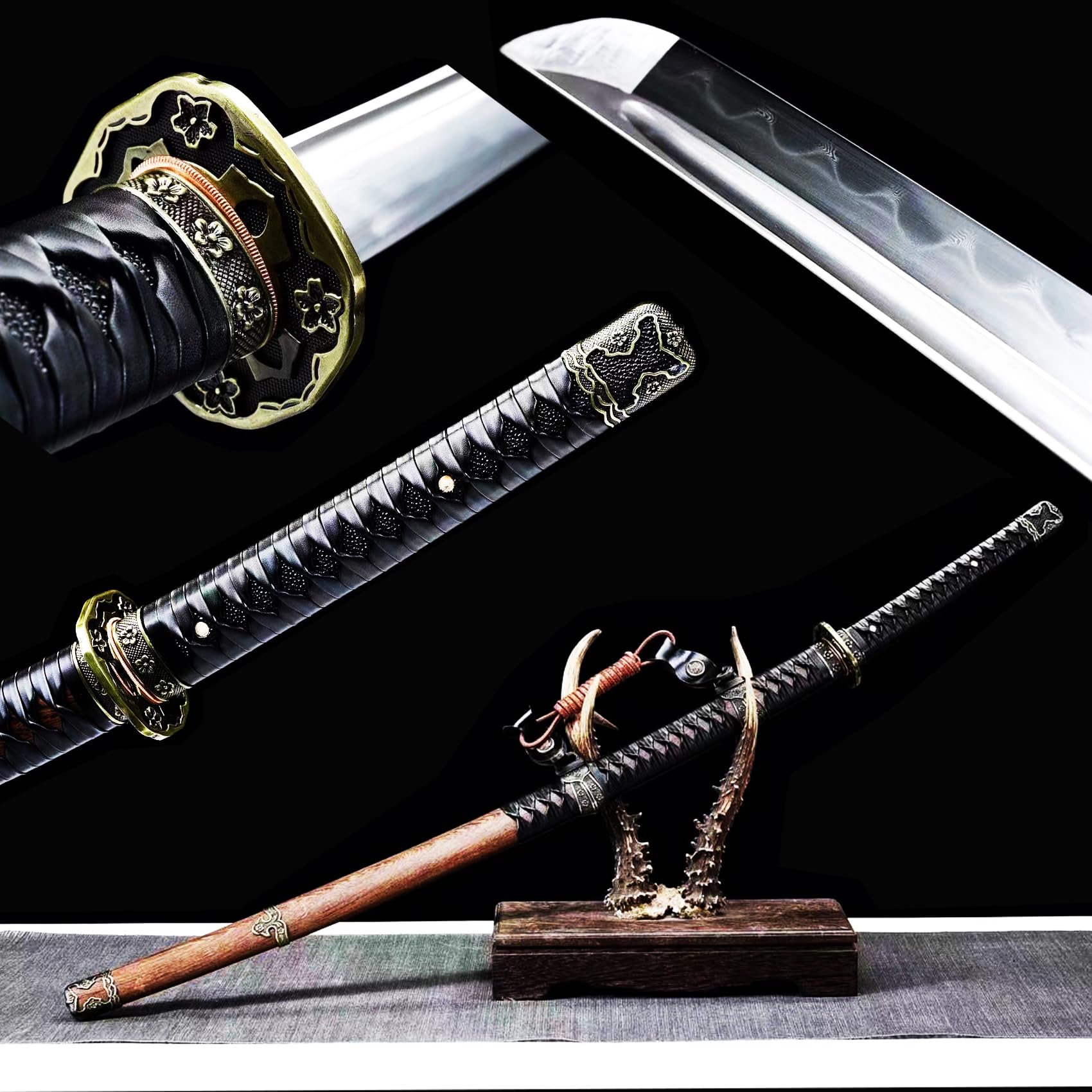 Rosewood tachi Sword Full Tang Japanese Samurai Katana Handmade high Carbon Steel Clay Temper Sharp Blade with Real hamon, bo-hi