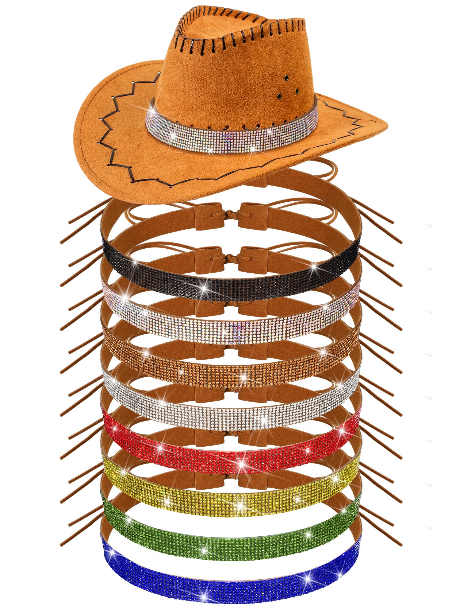 XunYee 8 Pcs Rhinestone Cowboy Hat Bands for Women Adjustable Western Diamond Bling Hat Belt for Men Cowgirl Panama Cap (Colorful)