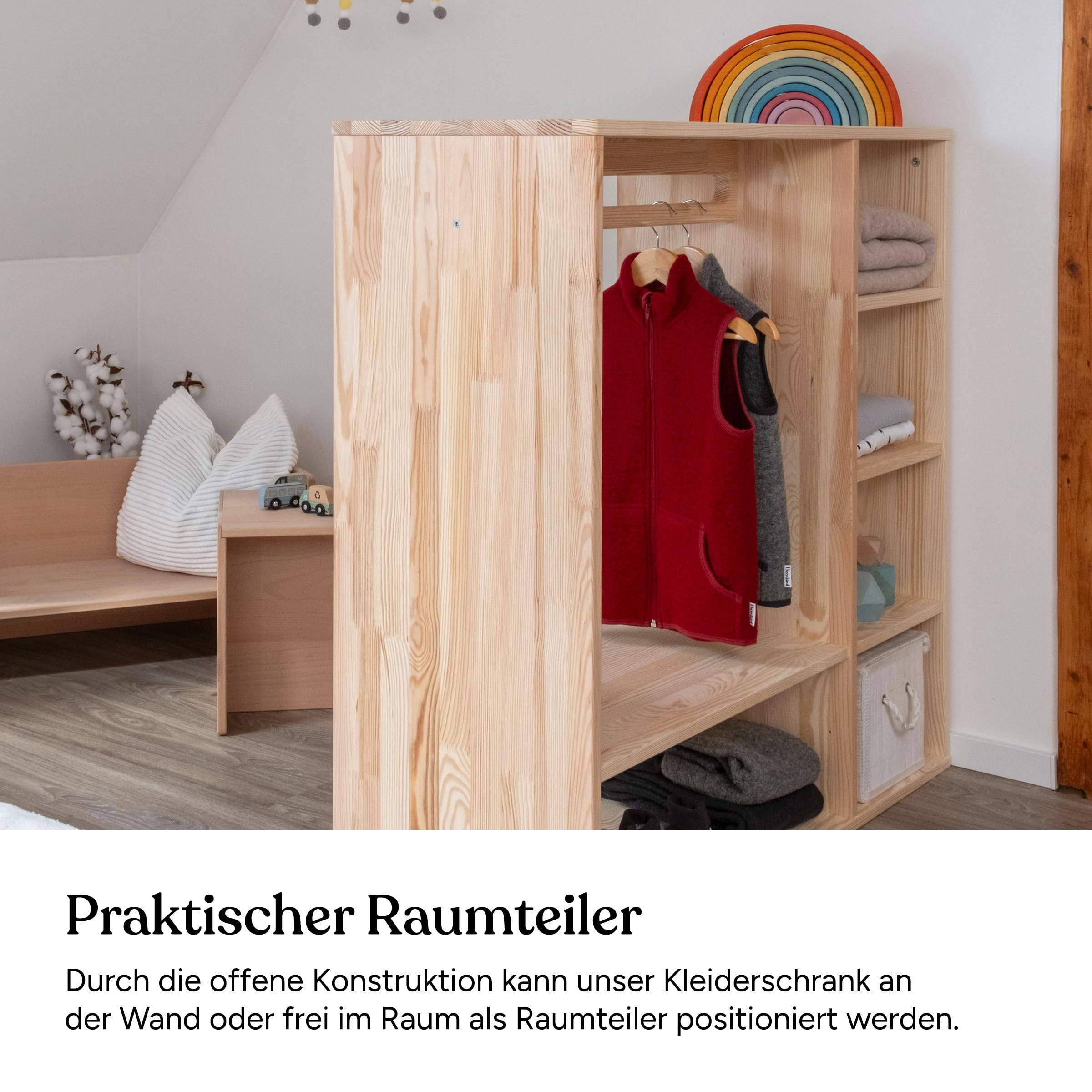 Ehrenkind® Montessori Kleiderschrank | Kinderregal Kiefer Natur | Kinderschrank FSC Zertifiziert | Garderobe für das Kinderzimmer in 100x100x40 | Kleiderschrank Kinderzimmer | Kinderzimmer Möbel