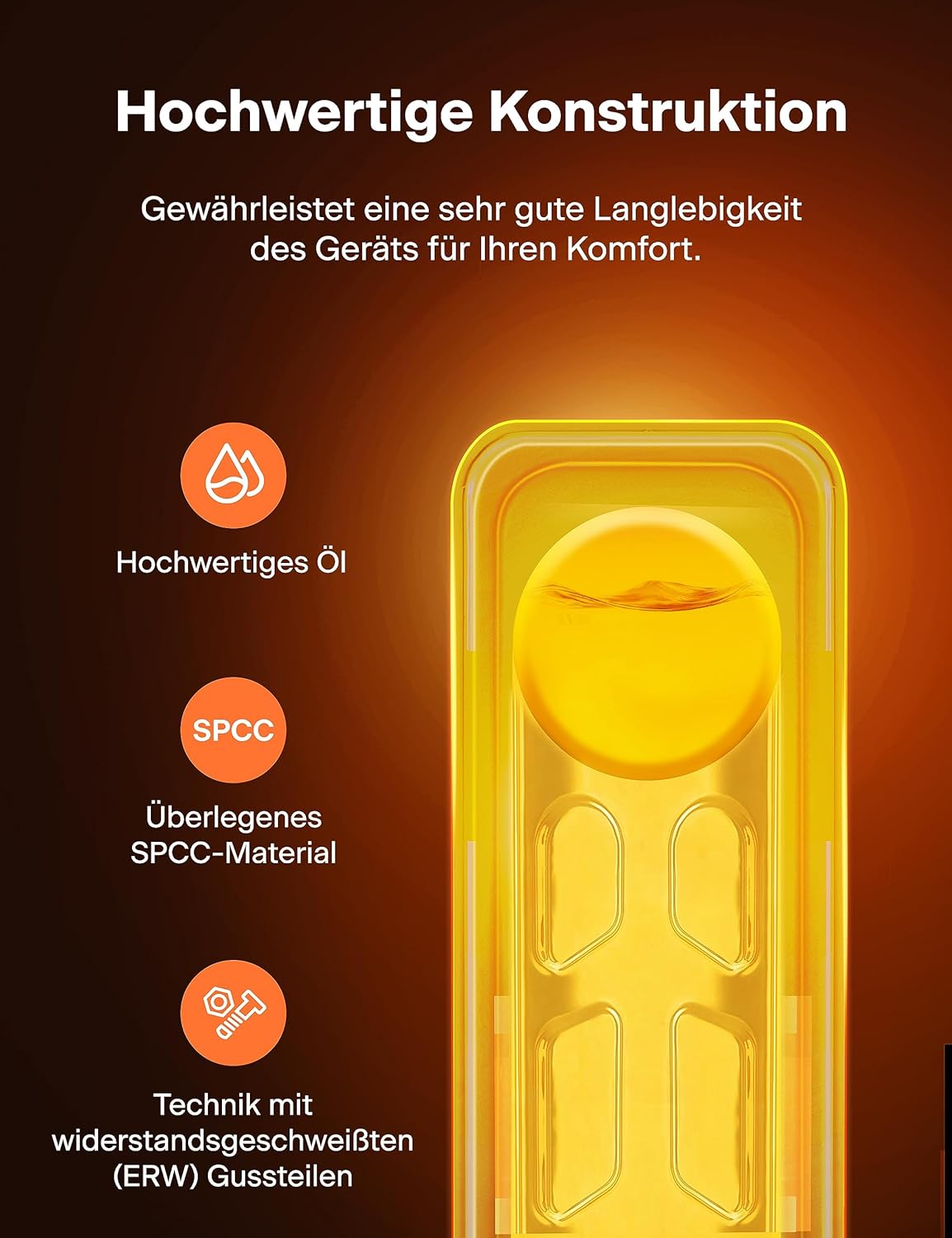 Close-up diagram of the PELONIS radiator's internal construction, highlighting high-quality oil, SPCC material, and resistance-welded (ERW) cast parts for durability.