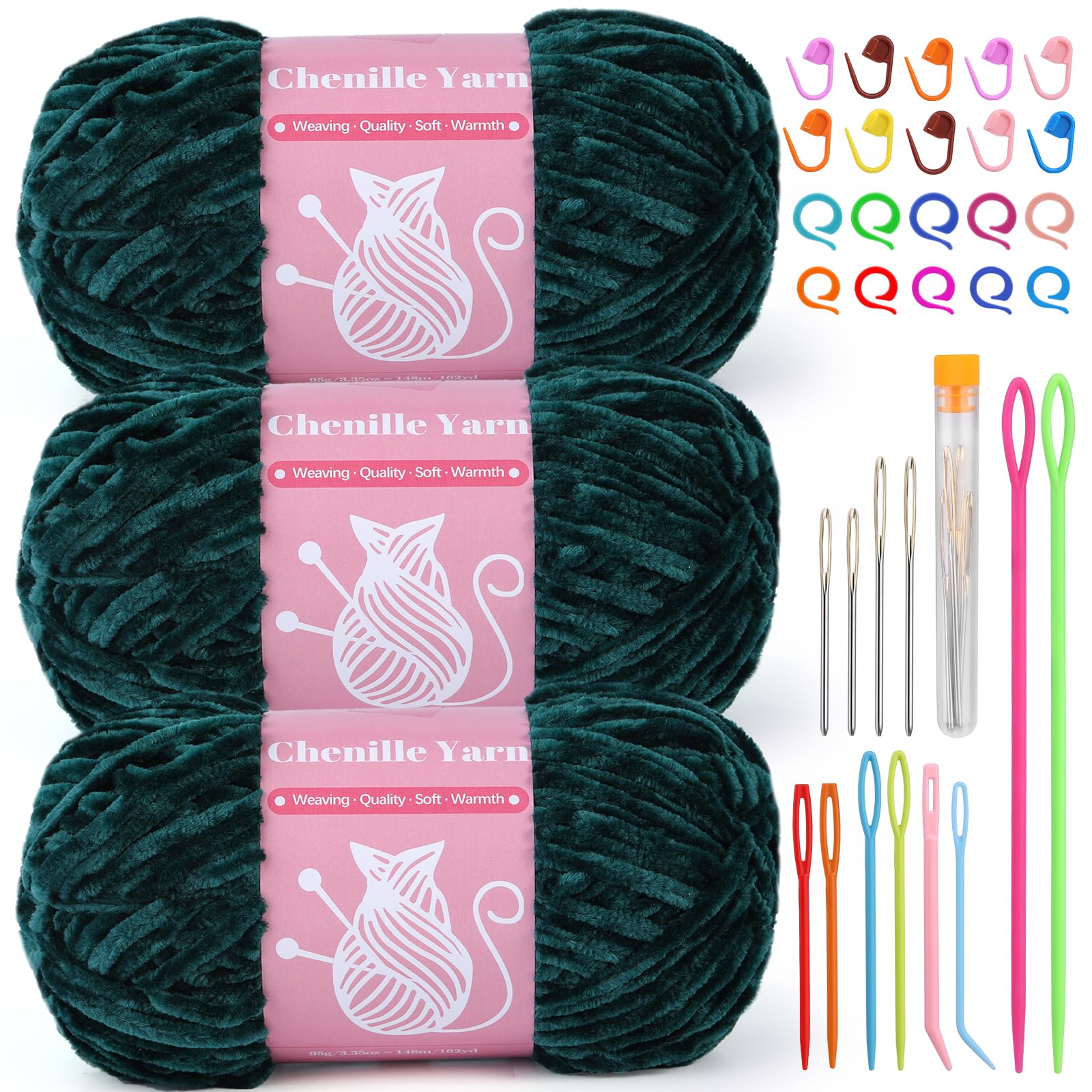 LUNARM Chenille Velvet Yarn for Crocheting Knitting, 3 Pack of 100g/3.5oz Velvet Yarn for Crocheting &amp; Knitting, 486 Yard Soft Yarn for Making Creations &amp; Crochet &amp; More (Dark Green)