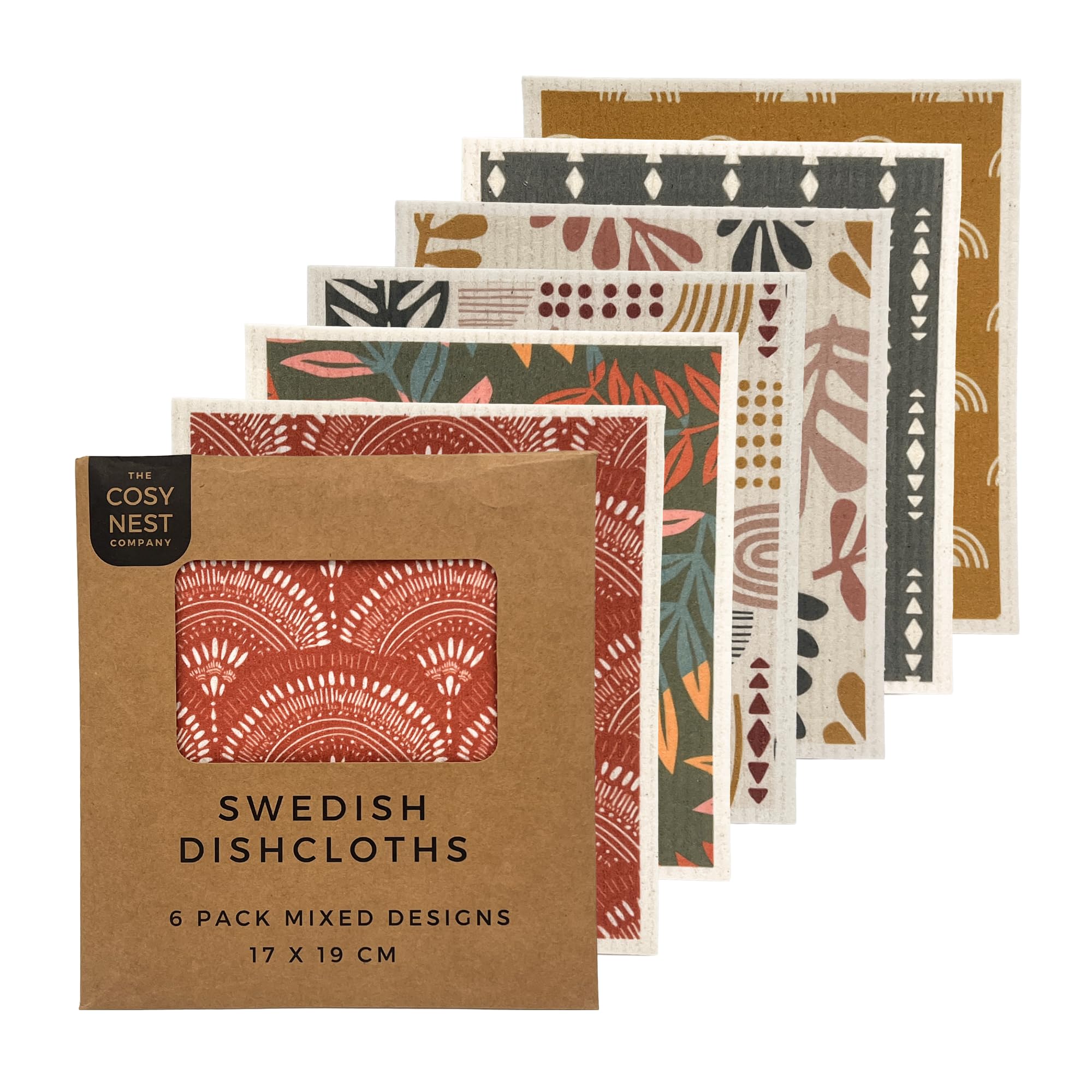 The Cosy Nest Company Multicolour Swedish Dishcloths Pack Of 6, Reusable Dish Cloths For Washing Up, Absorbent Sponge Cloths For Kitchen Cleaning, Eco Friendly Compostable Plastic Free, Bohemian Design