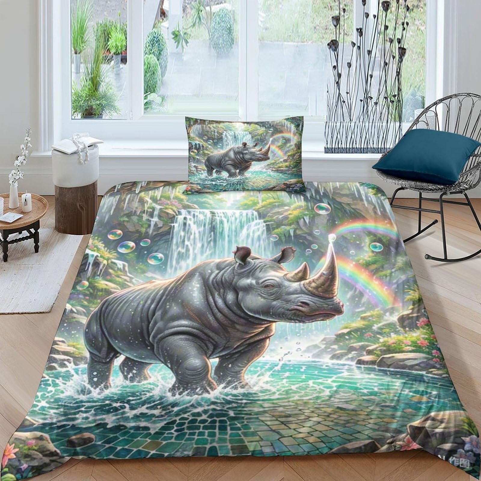 Housse de couette rhinocéros parfaire la décoration de chambre d'adolescent avec lit une place