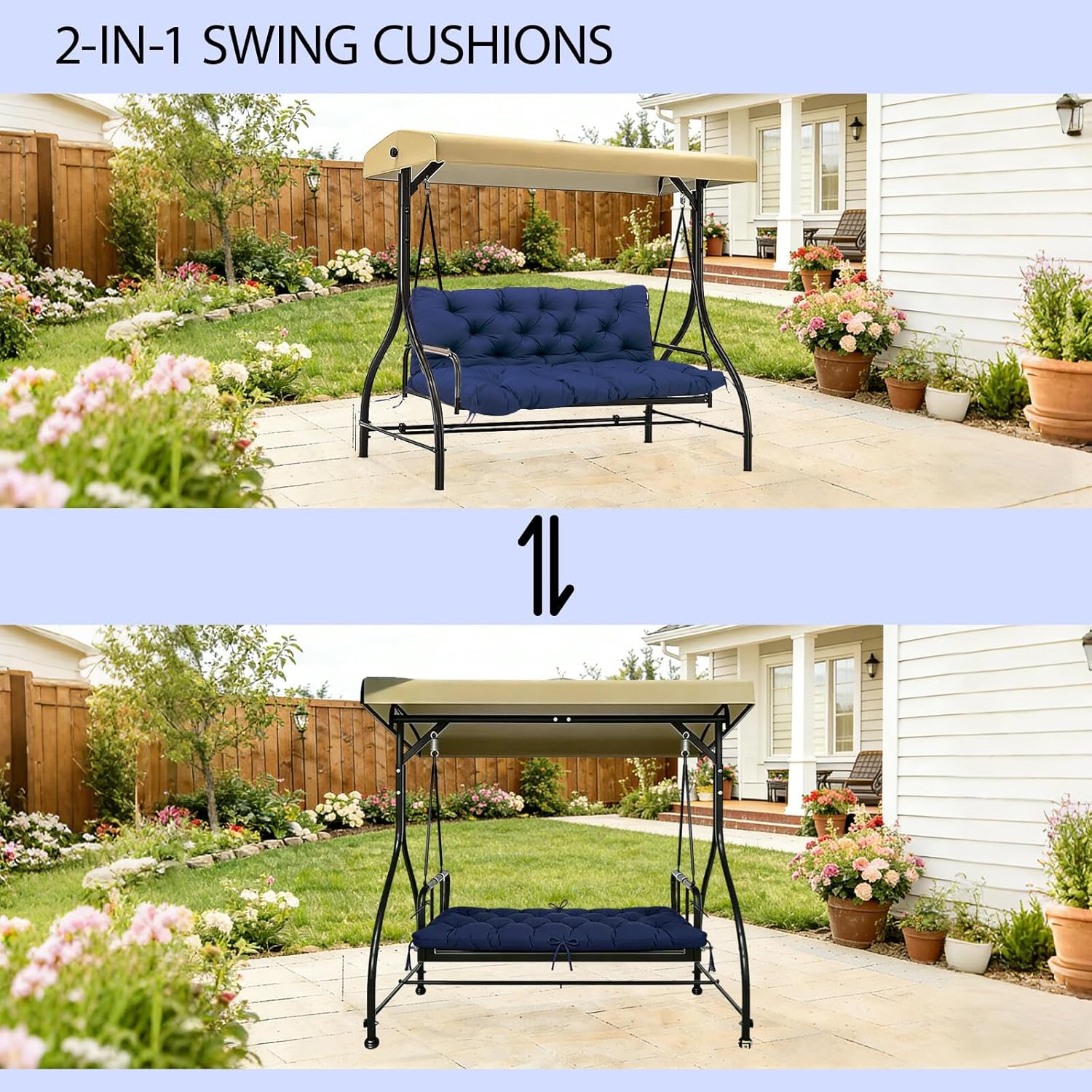 Durable Extra 5" Thick Waterproof Outdoor Swing Cushions 60inch Porch Swing Cushions 3 Seater Replacement Fade-Resistant with Backrest and 8 Ties for Outdoor Patio Long Bench Furniture