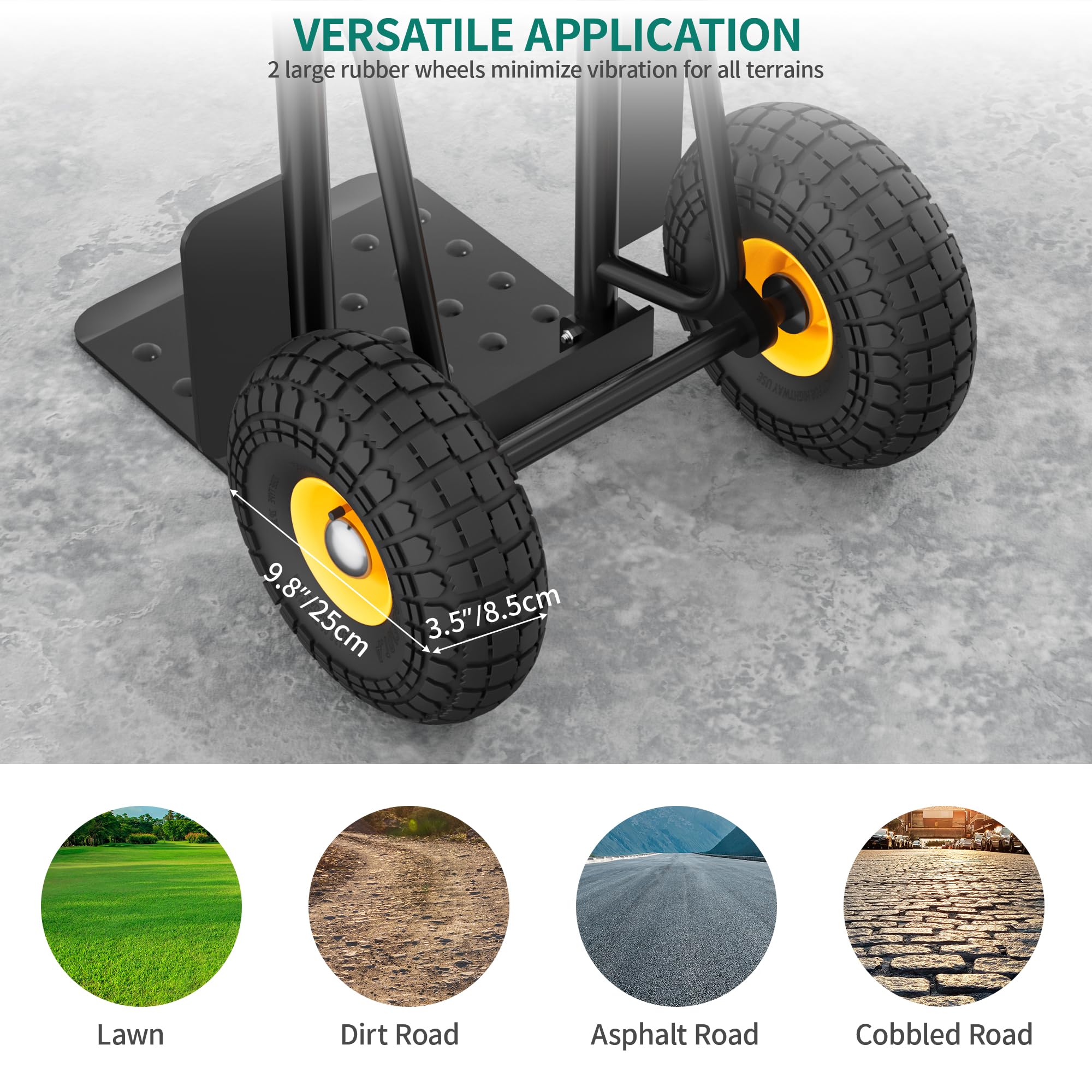 YITAHOME Carro de mano plegable con 2 ruedas industriales grandes, camión de saco resistente de altura ajustable con ruedas silenciosas de alto agarre, capacidad de 150 kg, incluye 2 cuerdas elásticas