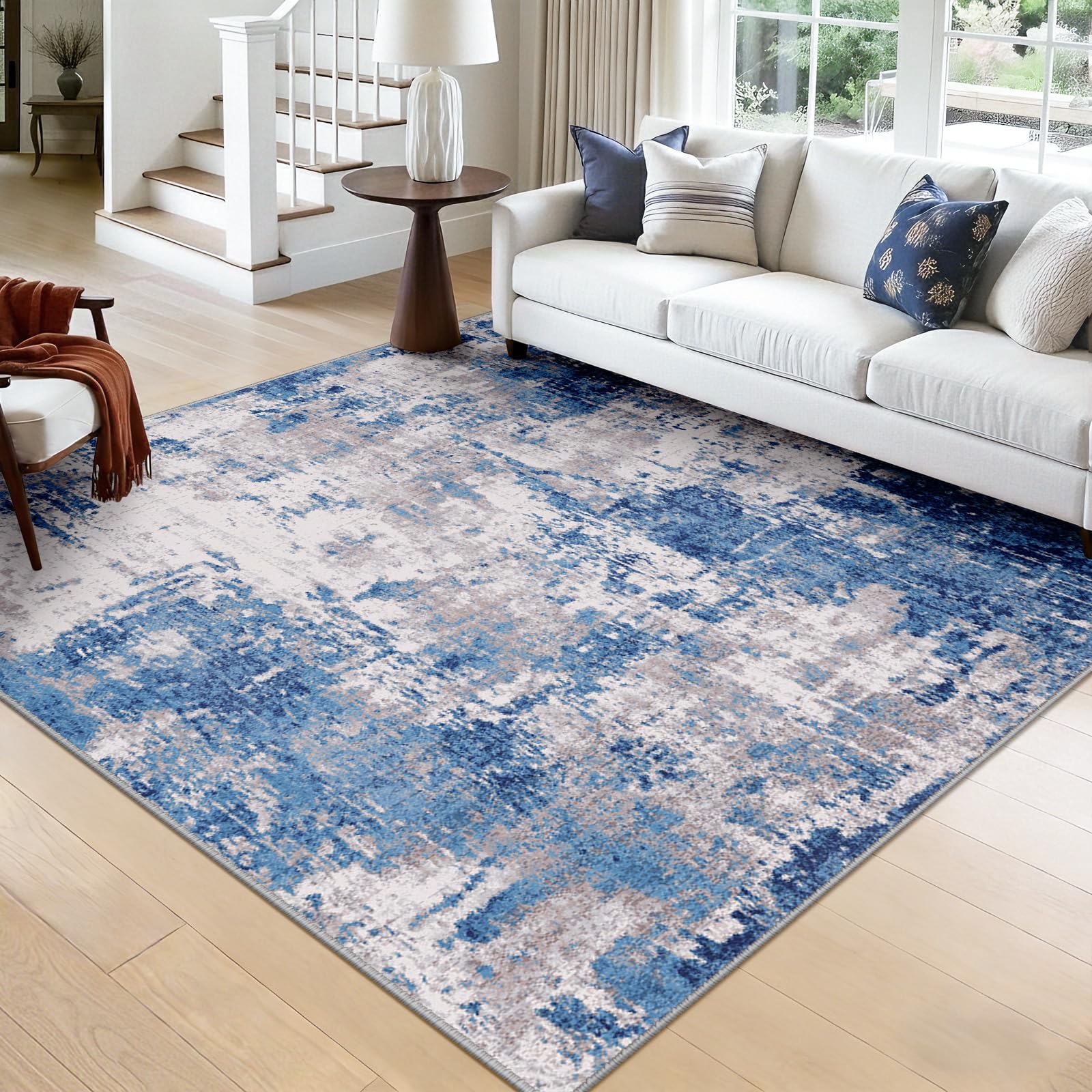 Photo 1 of RELEANY Washable Area Rugs Square 8ft Non-Slip Modern Abstract Soft for Living Room Entryway Bedroom Nursery, Print Pattern, Blue Grey Navy Gray