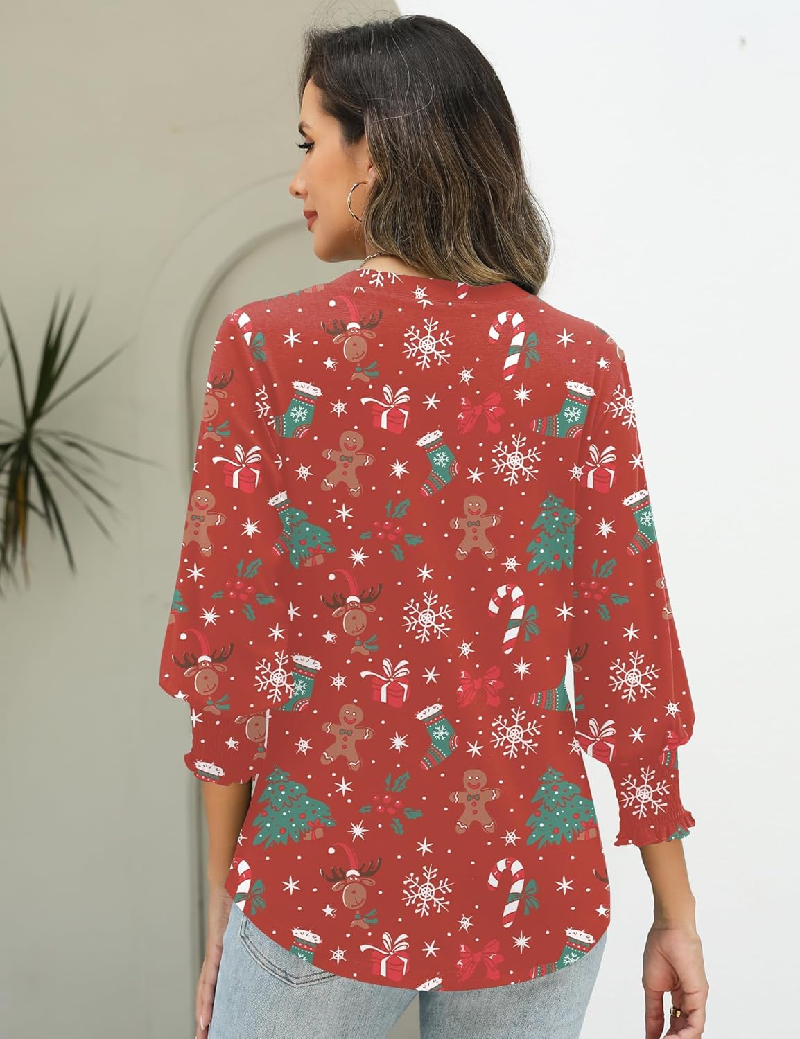 AKEWEI 3/4 Length Sleeve Womens Tops Summer Fashion V Neck Business Casual Blouses Smocked Shirts - Image 3