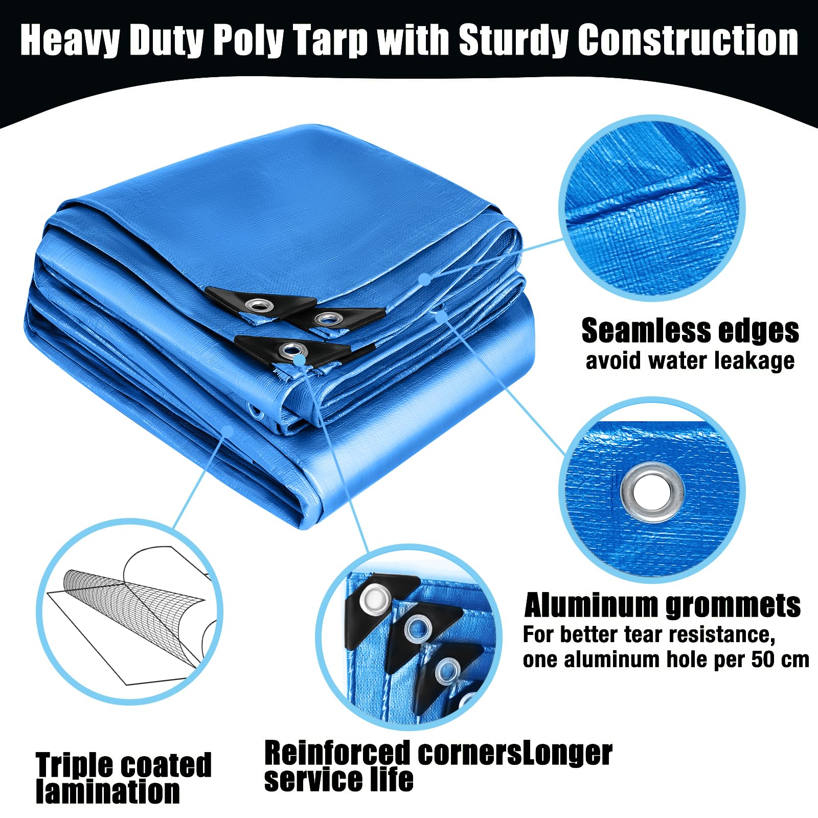 Tarpaulin waterproof heavy duty 120 g/m²,Reinforced Eyelets,Weatherproof Snow Dust UV,for Groundsheet Camping Garden Furniture Pool Building Site Caravan Boat Tarp Cover (Blue - Image 3