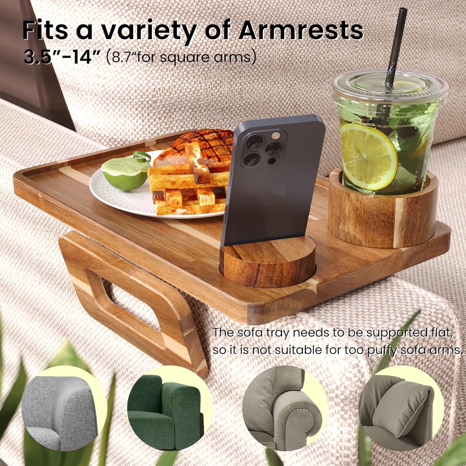 3 in 1 Acacia Wood Couch Arm Tray,Couch Tray with Cup Holder and Phone Holder,Folding Sofa Armrest Trays Clip-On Sofas Desk for Drinks,Snacks,Phone,Remote Control