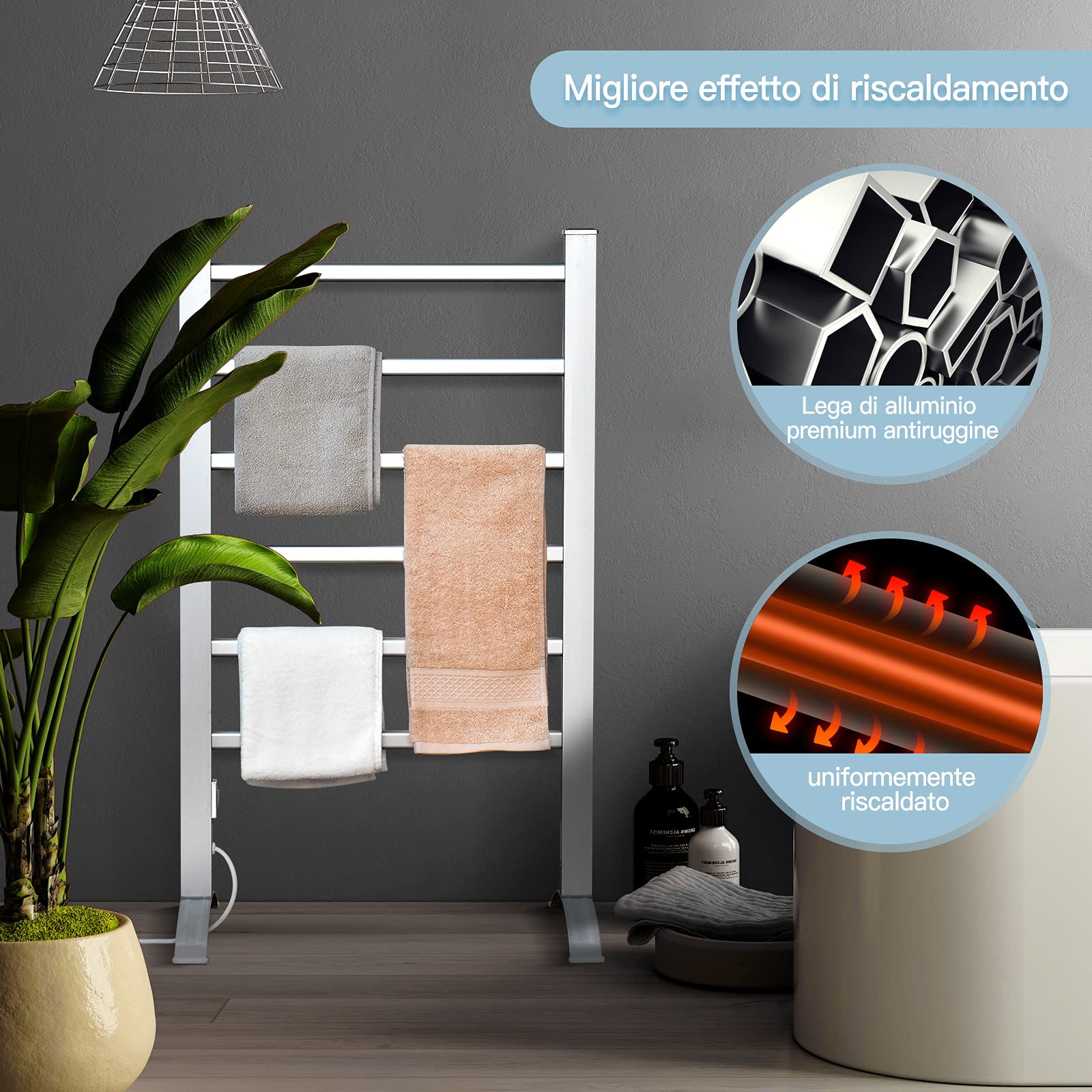 COSTWAY Portasciugamani Multifunzionale Elettrico 2 in 1 | Portasciugamani Elettrico per Vestiti e Asciugamani 100 W, con 6 Sbarre, Struttura in Alluminio, Portasciugamani per Bagno
