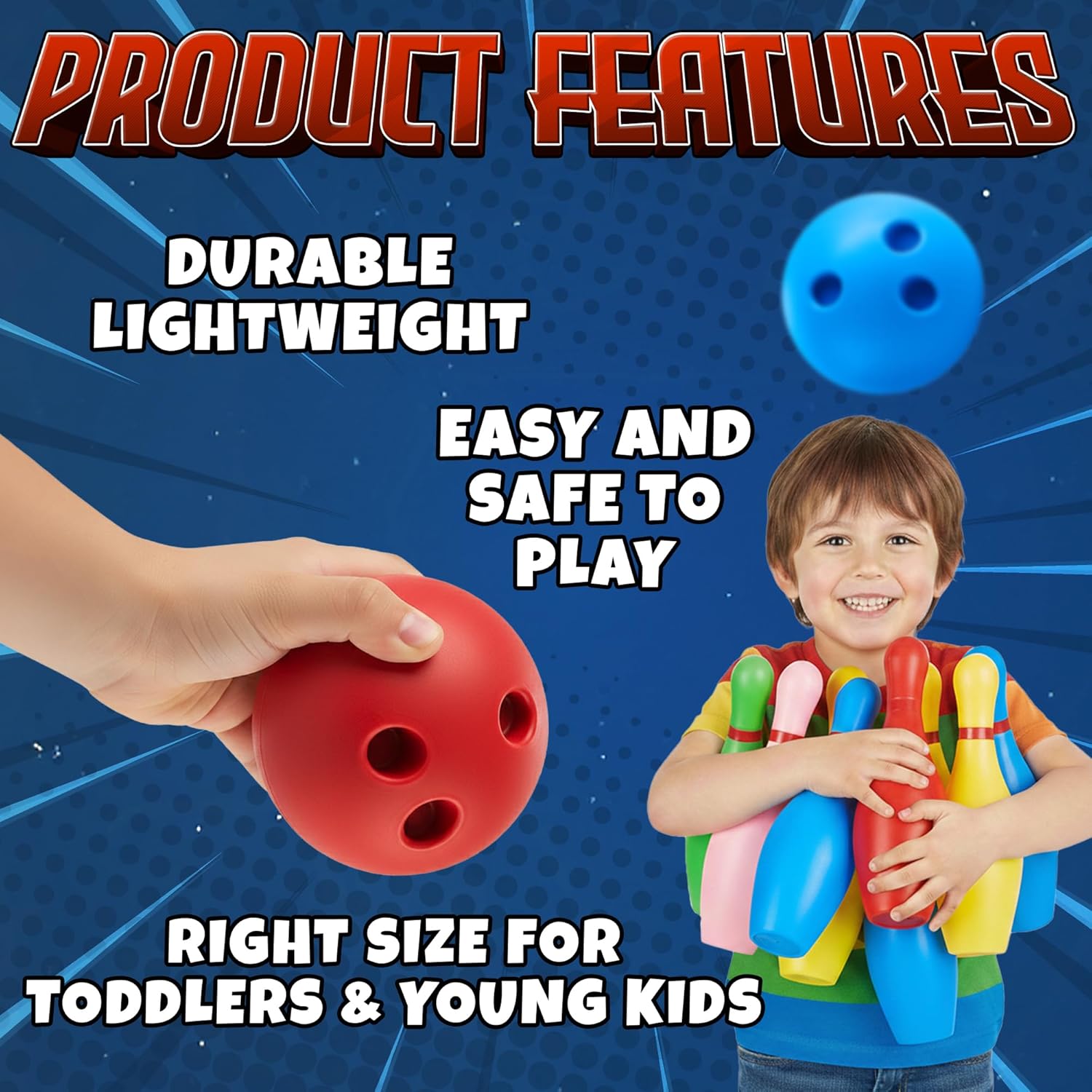 Kids Bowling Set - 10 Colorful Plastic Pins & 2 Lightweight Bowling Balls - Family Fun Indoor & Outdoor Toddler Bowling Set Game for Boys & Girls, Educational & Active Play Toy, Birthday Gift Ages 3+
