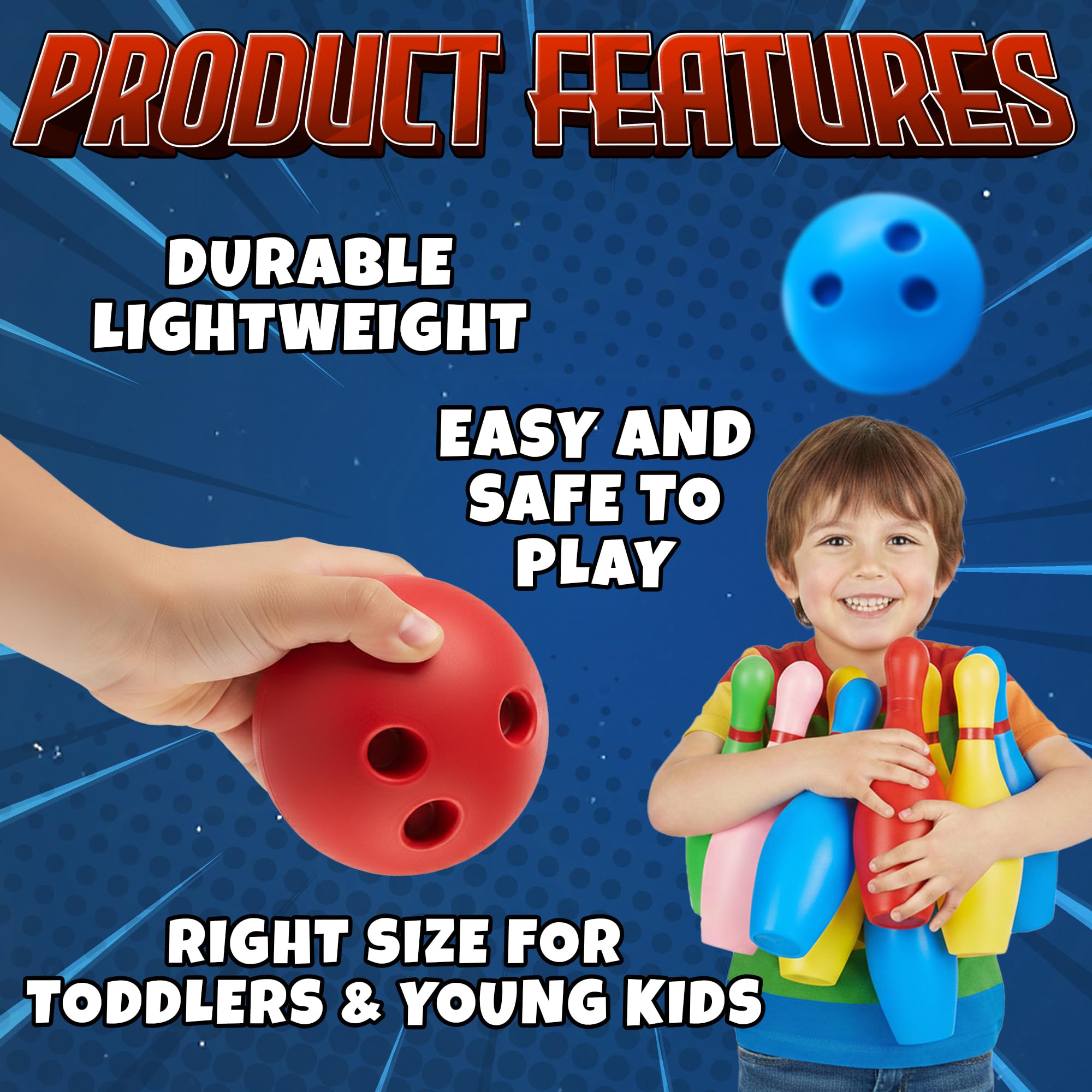 Bowling-Set für Kinder mit 10 bunten Kegeln und 2 leichten Bällen, lustiges Spiel für drinnen und draußen, ideal für aktives Spiel, Lernen und Geschenke für Jungen und Mädchen ab 3 Jahren