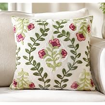 Floral Embroidered Pink Flowers Decorative Throw Pillow Cover 18"x18" Farmhouse Cottage Cotton Canvas Couch Sofa Bed Living Room Decor Pillow Cover, Rose and Green Leaves Knit Patterned Cushion Cases