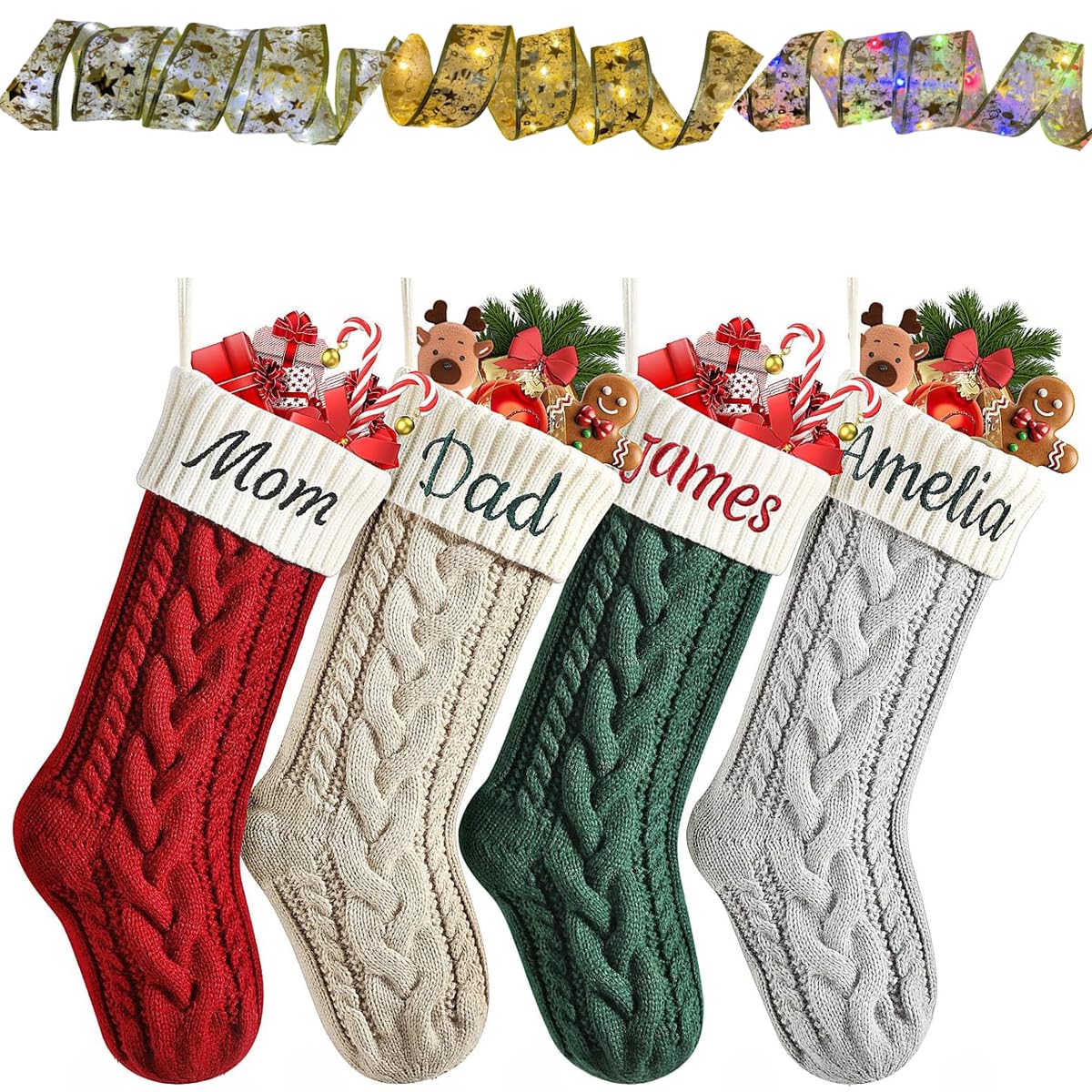 5 calcetines de Navidad personalizados con cinta de luz de Navidad, calcetines de Navidad con nombre bordado personalizado, calcetines de Navidad de 18 pulgadas grandes para colgar para niños