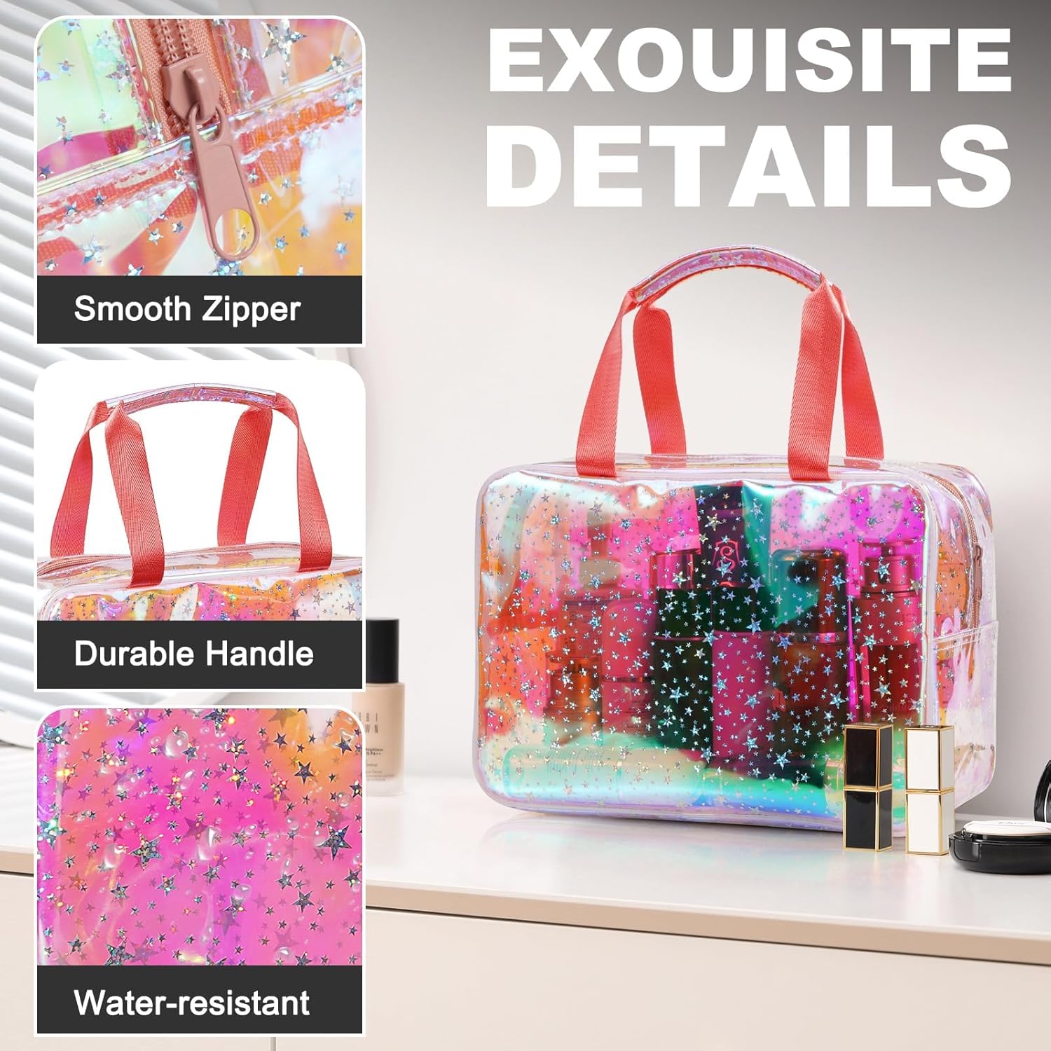 TPU Clear Makeup Bag for Women Waterproof Star Make Up Bag Toiletry Bag Travel Durable Cosmetic Bag Large Cute Tote Bag Organizer Makeup Pouch, Rainbow White - Image 5