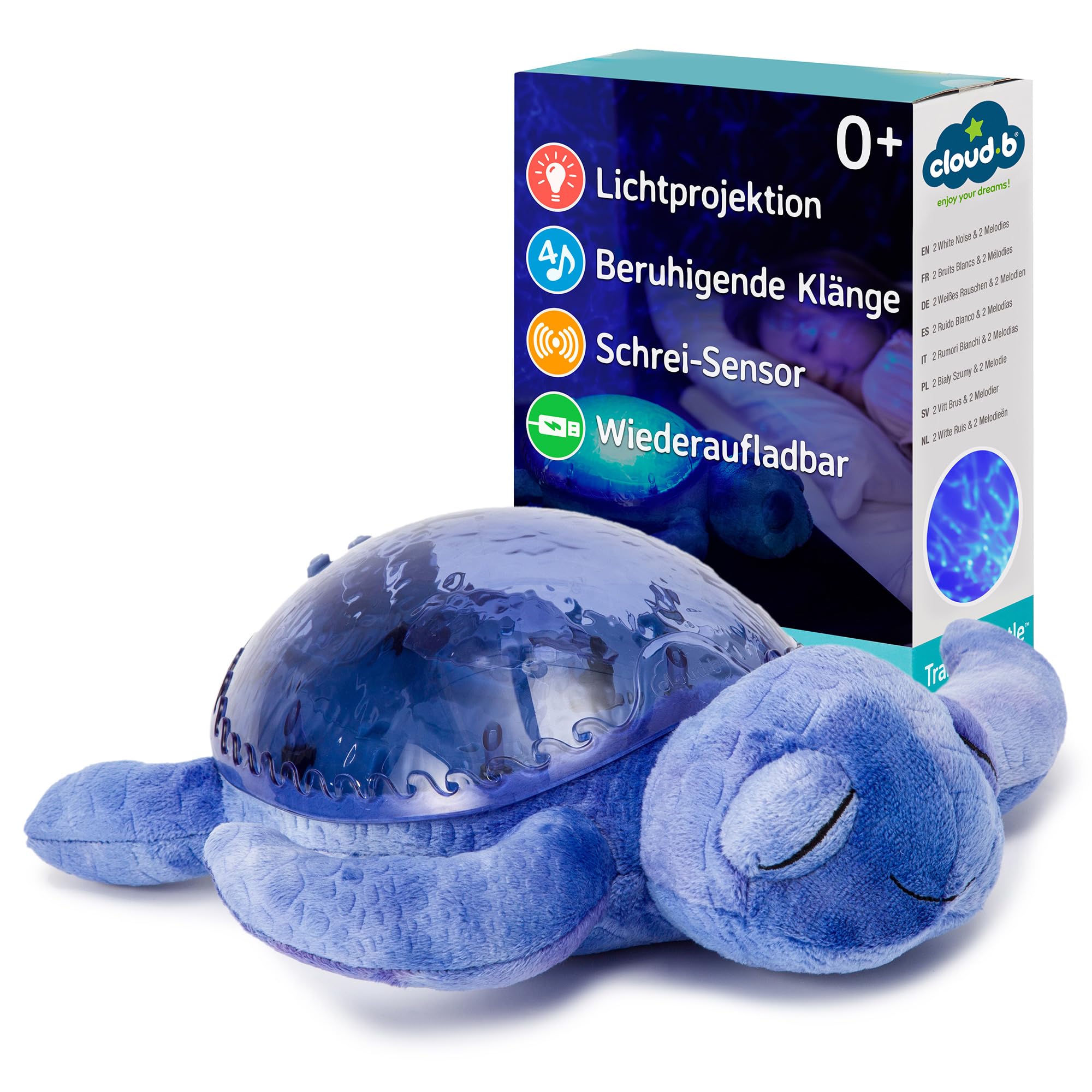 Cloud b | Nachtlicht mit Musik | Unterwasserprojektionen | 4 beruhigende Geräusche | Helligkeit einstellbar | Timer & Tränenmelder | Recycelter Stoff | Tranquil Turtle Rechargeable Ocean
