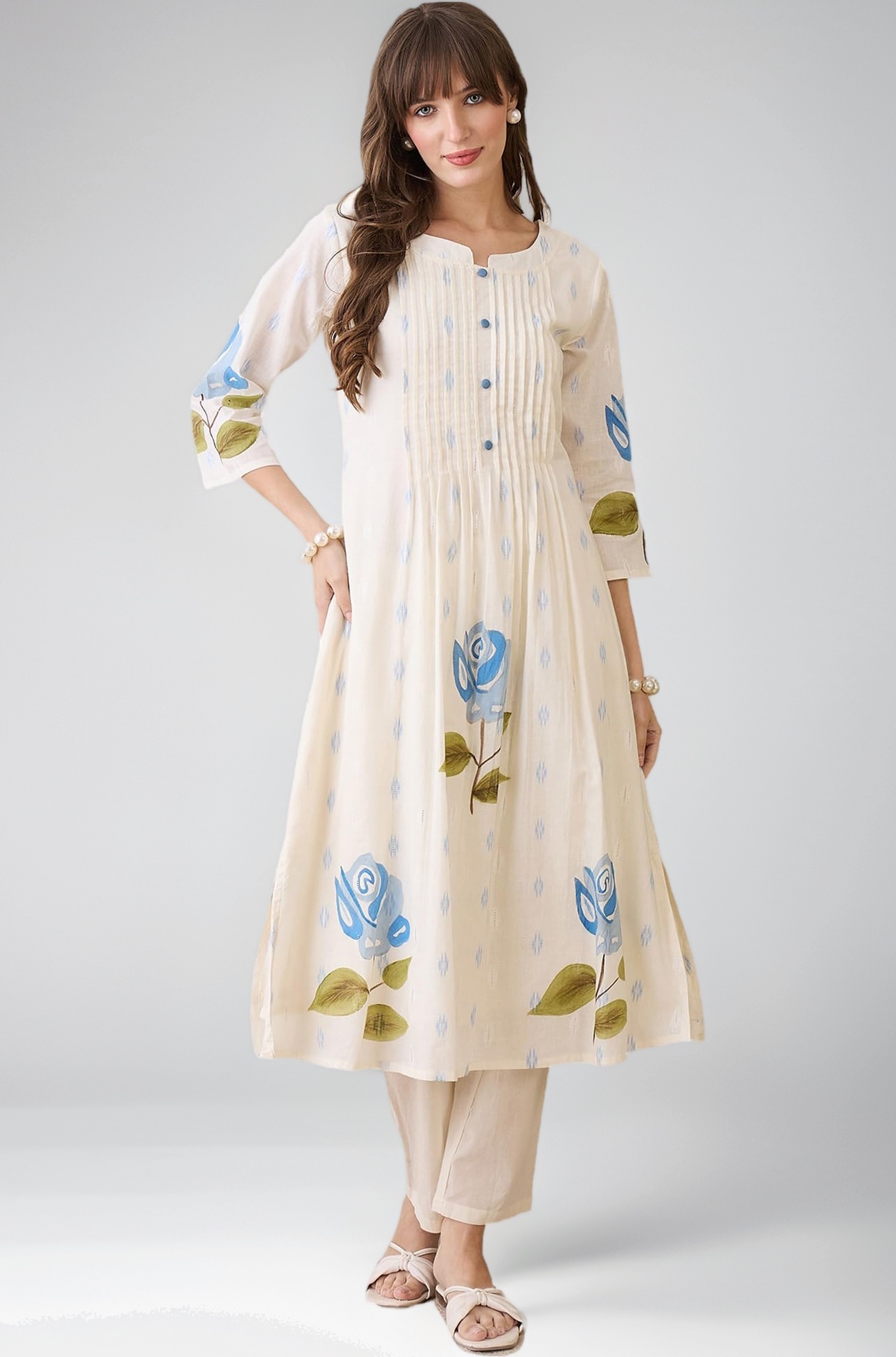 INDO ERA Women Rayon Viscose Floral Embroidered A-Line Kurta With Pant Set/Co-Ord Set