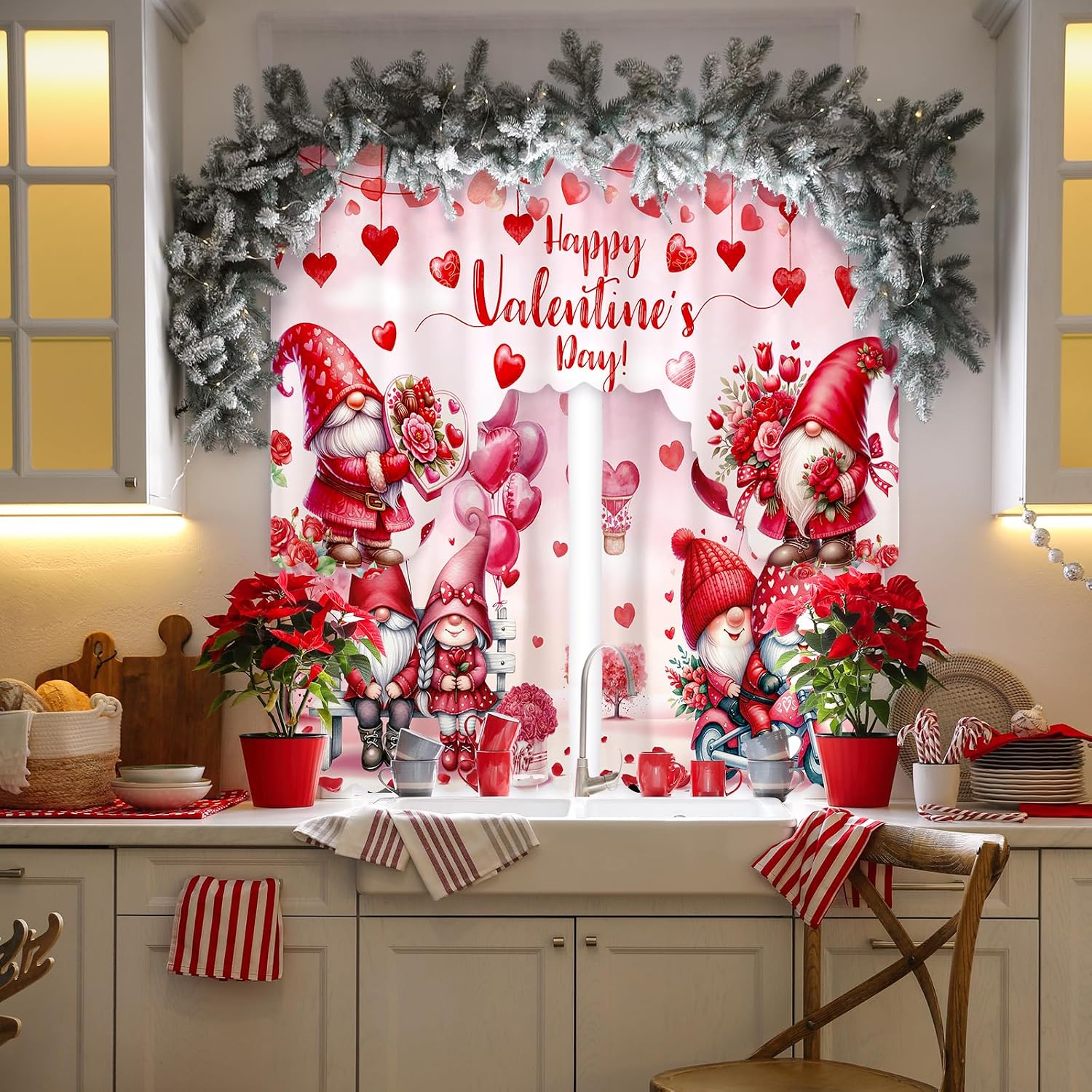 FuWeave 3 Pcs Valentine's Day Kitchen Curtains 3 Piece Set Valentines Gnome Pink Heart Window Curtains and Valance for Kitchen Bedroom Living Room Decor, 60 x 36 Valance, 36 x 30 Tier
