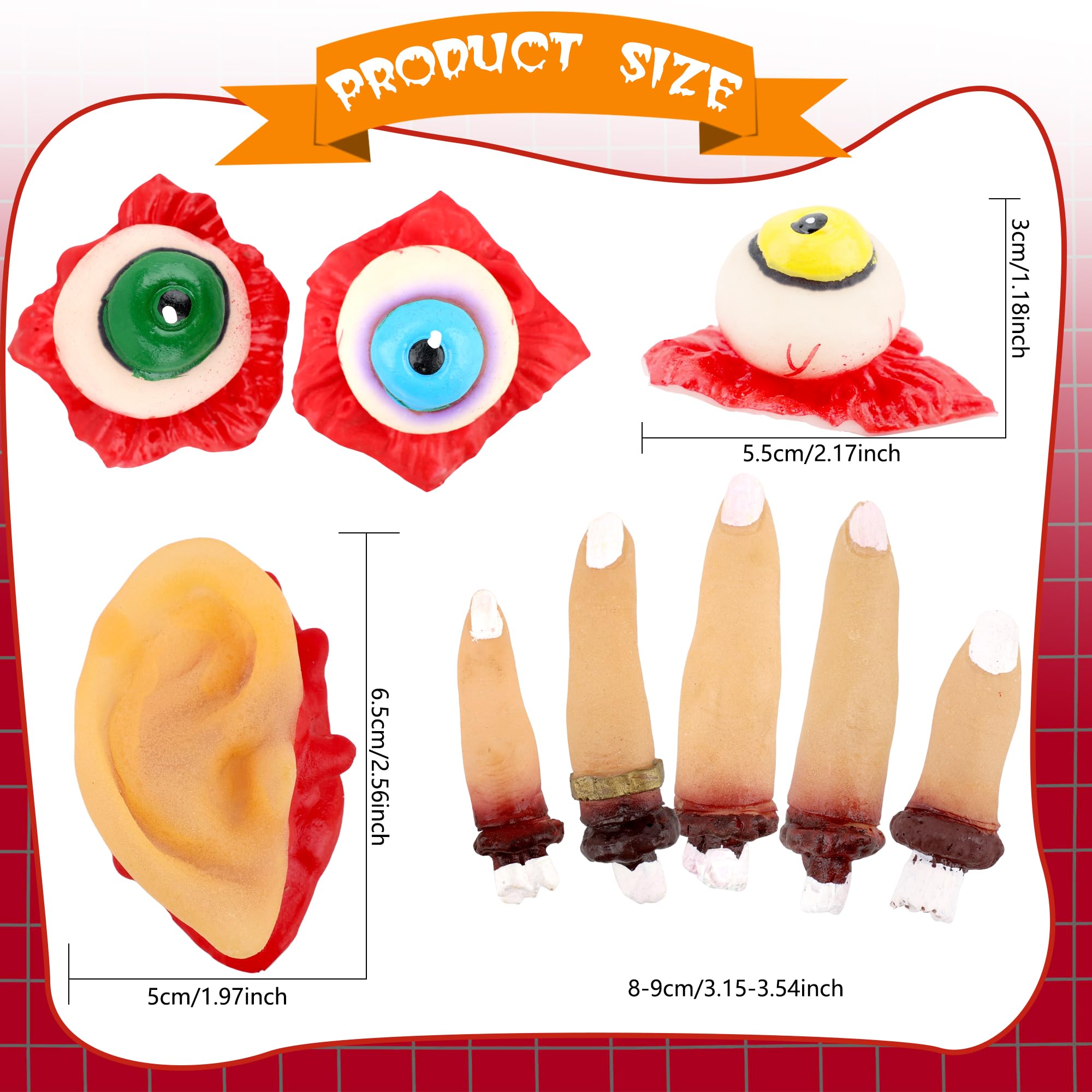 Accesorios de sangre de Halloween, piezas falsas de miedo cortadas a mano, partes del cuerpo falsas, pie falso, ojos falsos, dedos falsos para decoraciones de fiesta de Halloween (6 piezas
