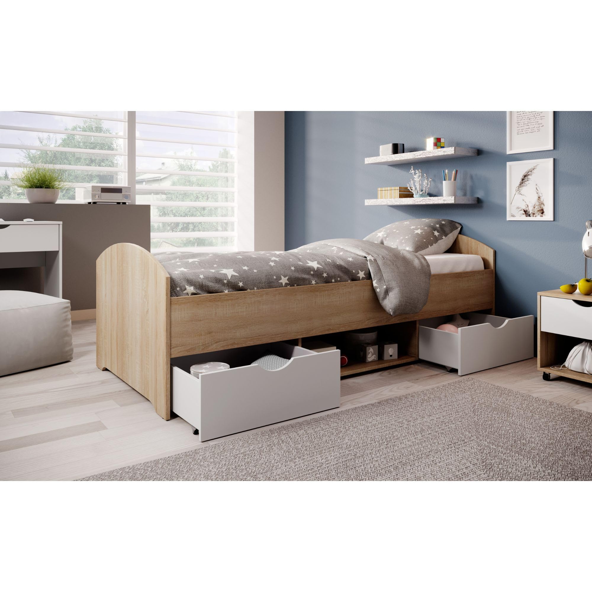 Stella Trading NEMO Modernes Einzelbett mit 2x Schubkästen 90 x 200 cm - Praktisches Jugendzimmer Kojenbett in Eiche Sonoma Optik - 96 x 66 x 204 cm (B/H/T) | 96 x 66 x 204 cm (B/H/T), Bett mit Stauraum, 2 Schubkästen auf Rollen, offenes Fach, Schlafzimme