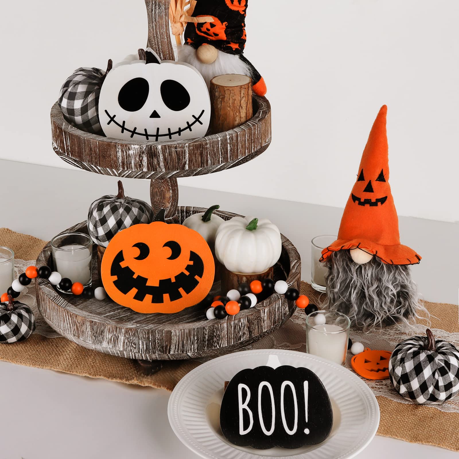 3 Piece Wooden Pumpkin Decor Set - Double-Sided Halloween & Thanksgiving Tiered Tray Decor