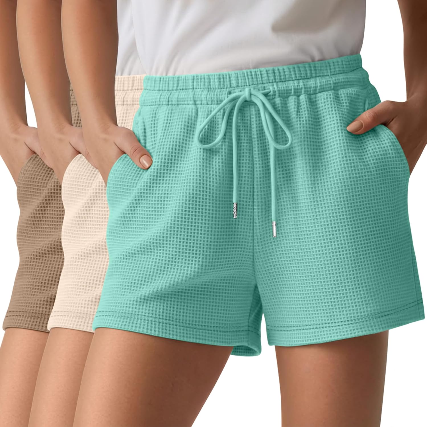 Neer 3 Pack Women's Waffle Knit Shorts High Waist Loose Drawstring Casual Summer Lightweight Soft Pants with Pockets