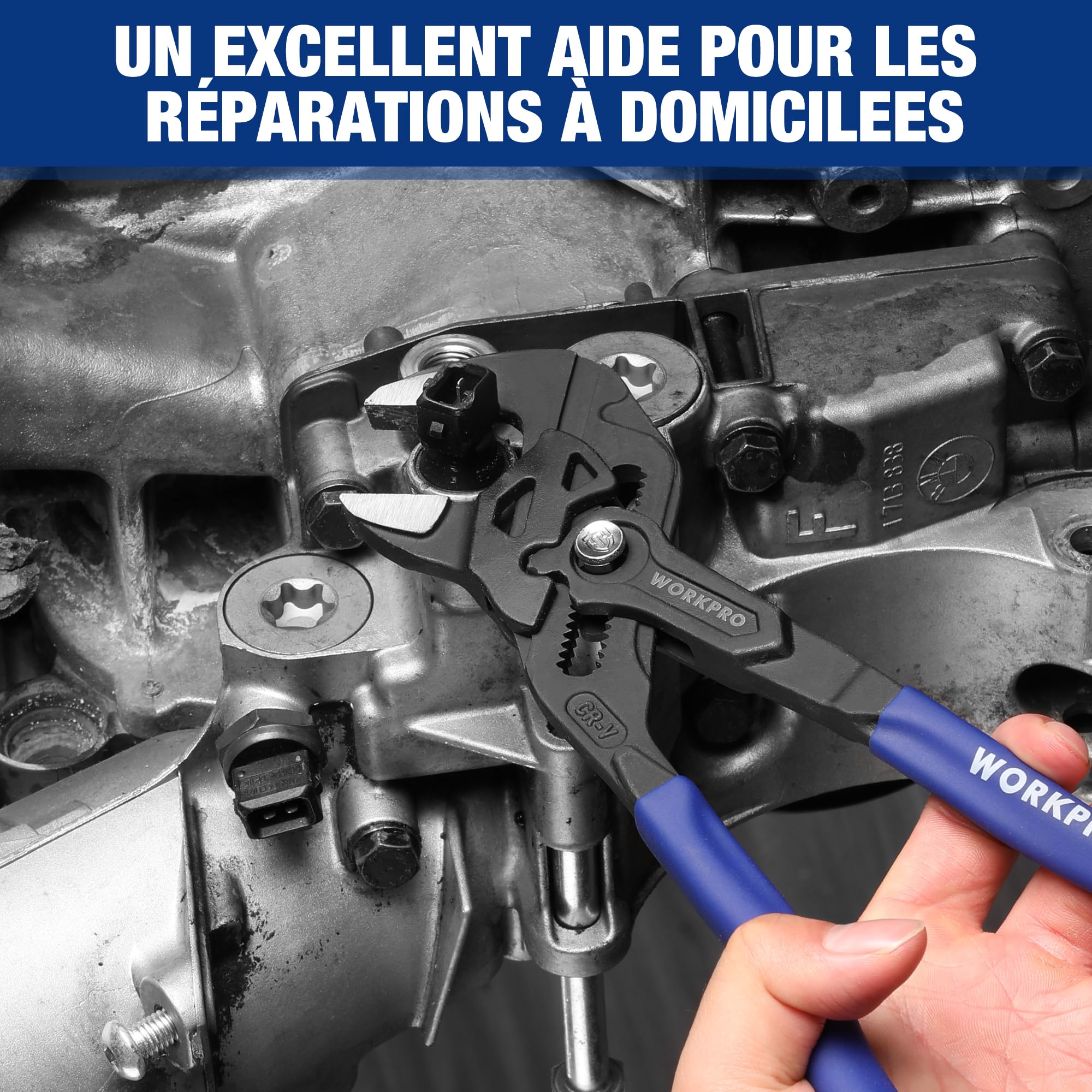 WORKPRO Jeu de 2 Clés à Pince 180 et 255 mm, Pince Multiprise en Acier Cr-V, Serrage Rapide, Ouverture Maximale de 40/50 mm, Polyvalente pour Serrage et Ajustement
