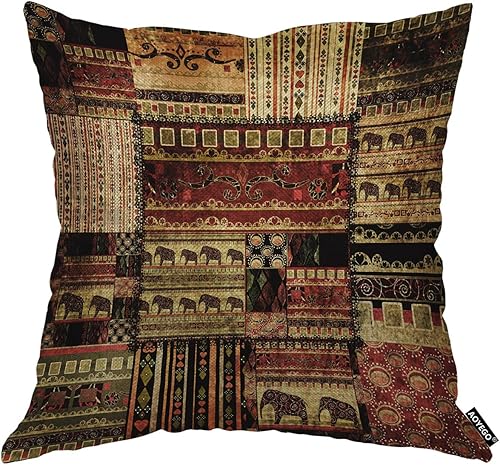 AOYEGO Funda de almohada de retazos africanos, estilo grunge, étnico, tradicional, geométrico, elefante, 18 x 18 pulgadas, cojín cuadrado decorativo
