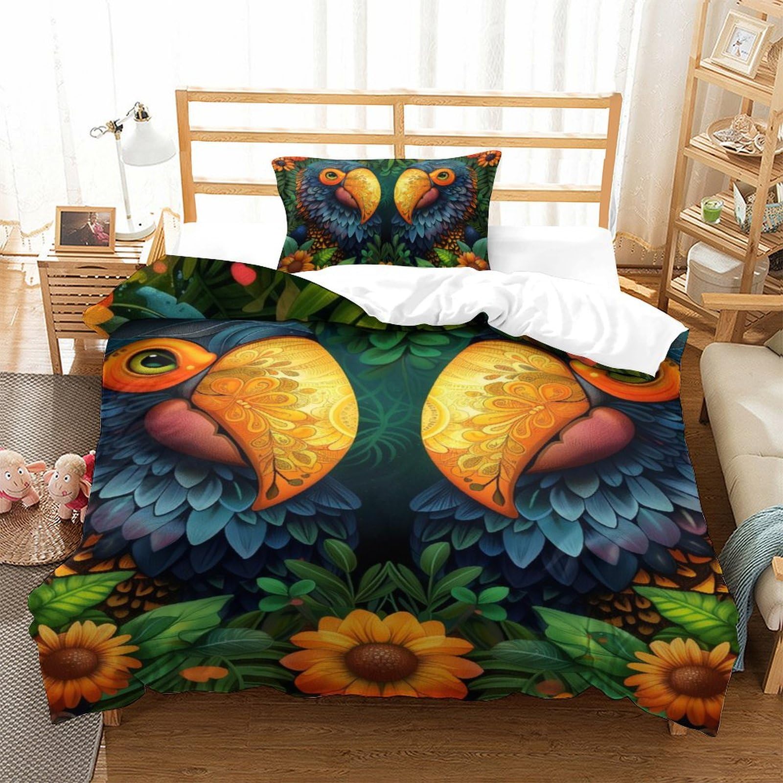 Parure housse de couette oiseaux 3D imprimée microfibre 135x200cm lit enfant avec fermeture éclair