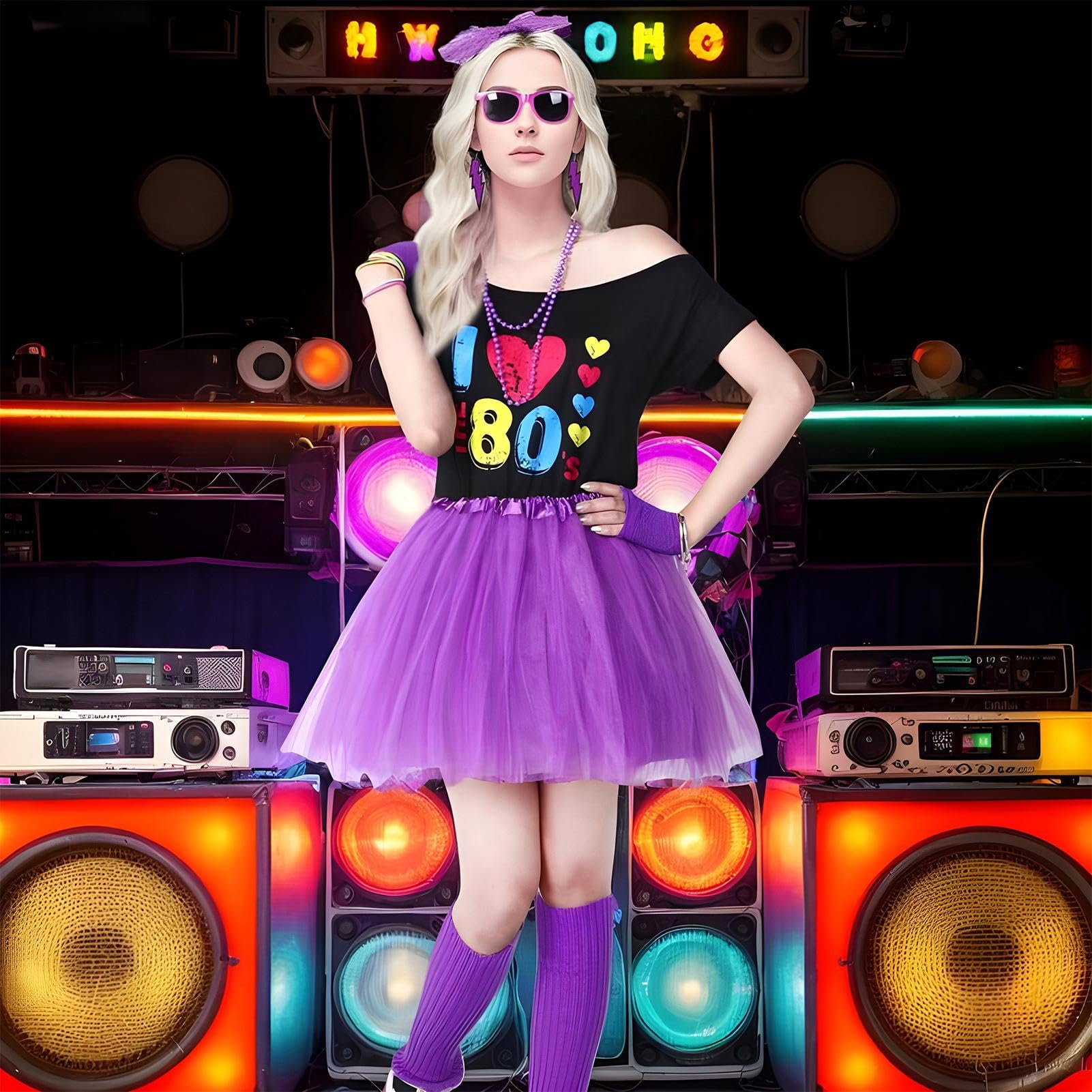 Conjunto genérico de traje de mujer de los años 80 para mujer, traje de mujer de los años 80, guantes leggings tutu falda, traje de cosplay 1980, top con hombros descubiertos, conjunto de accesorios